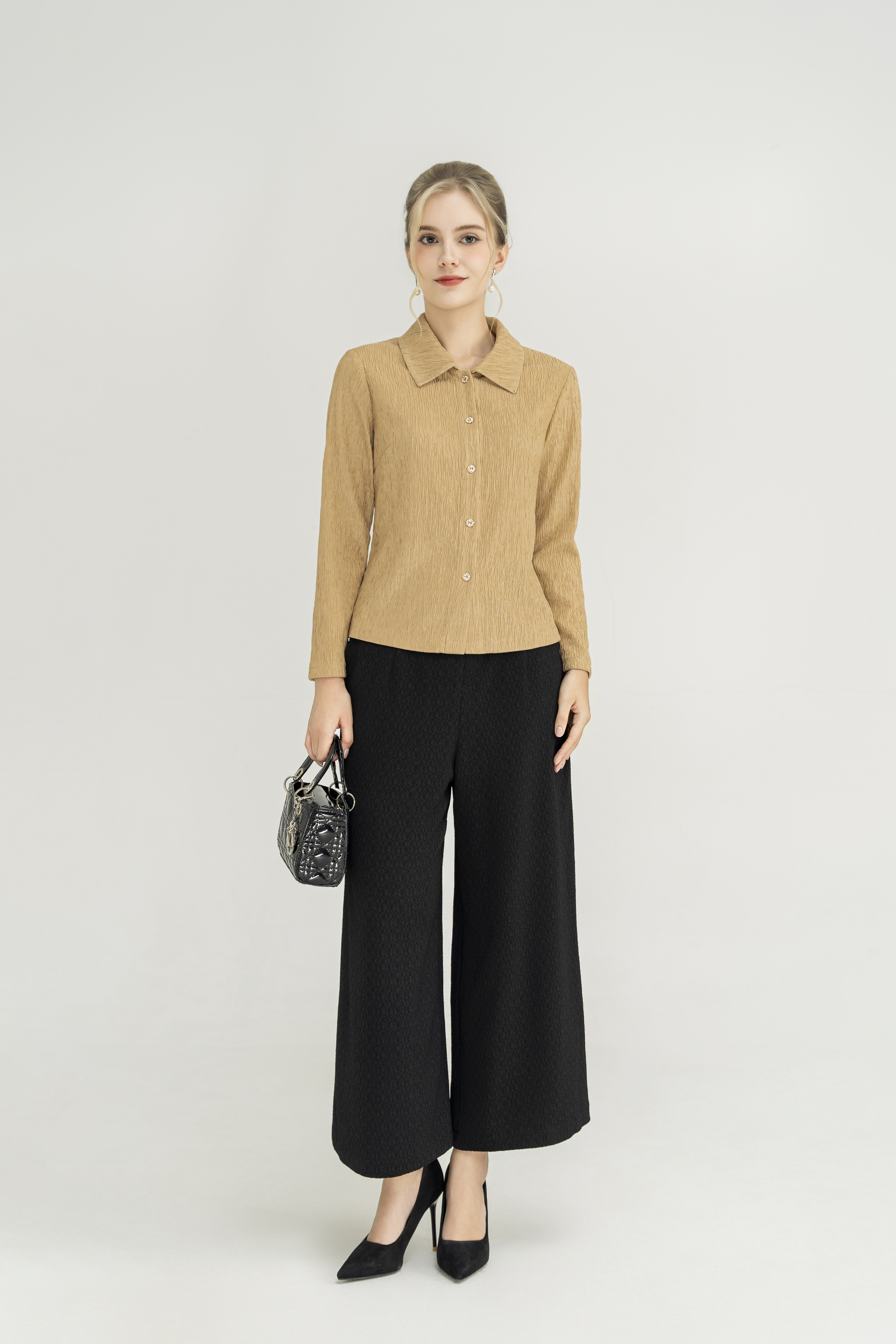 Áo sơ mi kiểu Vải thun gân 3D Cổ sơ mi cách điệu Tay dài Dài qua eo_thumbnail_2