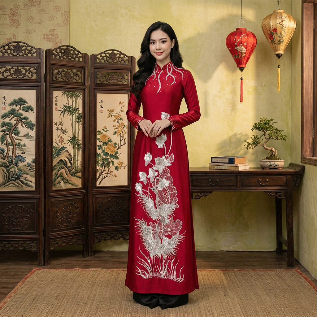 Áo Dài Bà Sui Màu Đỏ Thêu Sen Hạc Sang Trọng – Ruby Cao Cấp AM26-09
