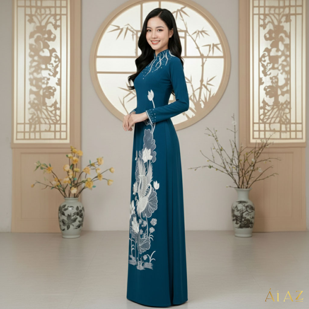 Áo Dài Mẹ Thêu Hạc Hoa Sen Dáng Truyền Thống AM25-06