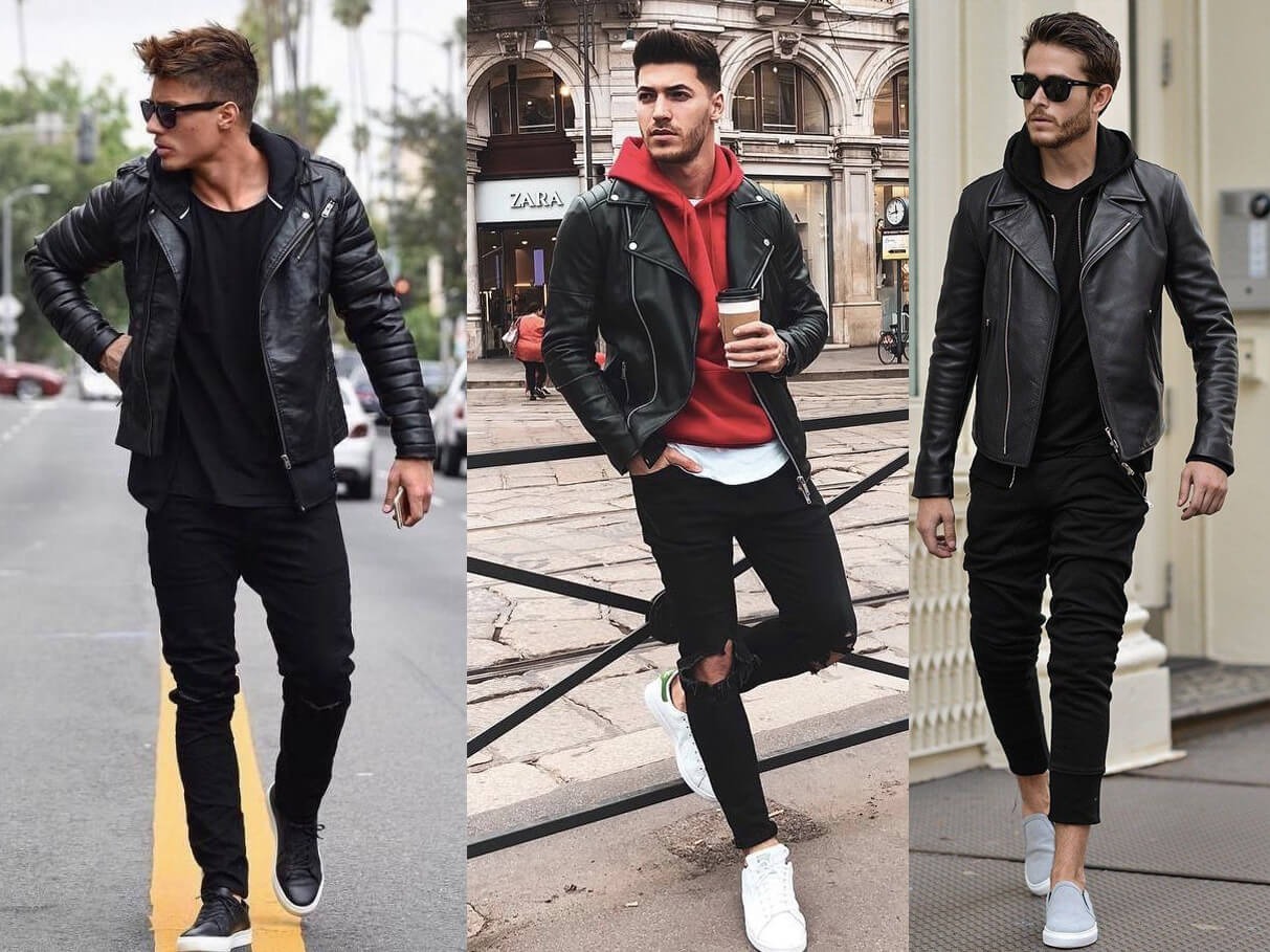 phối áo sweater cùng áo khoác da nam