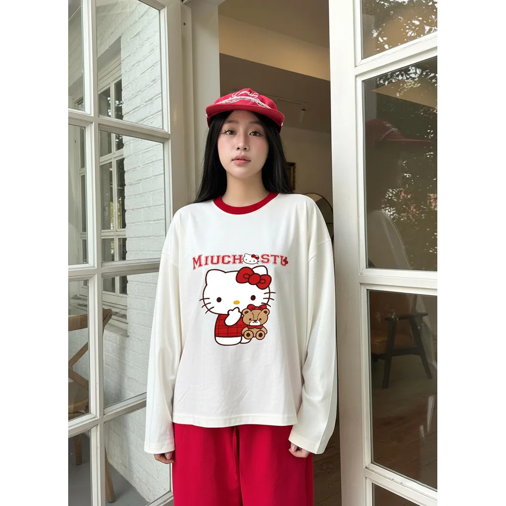 Áo thun boxy tay dài Miucho chất vải thoáng mát mềm mại phối cổ mix màu Kitty đỏ 2806_thumbnail_2