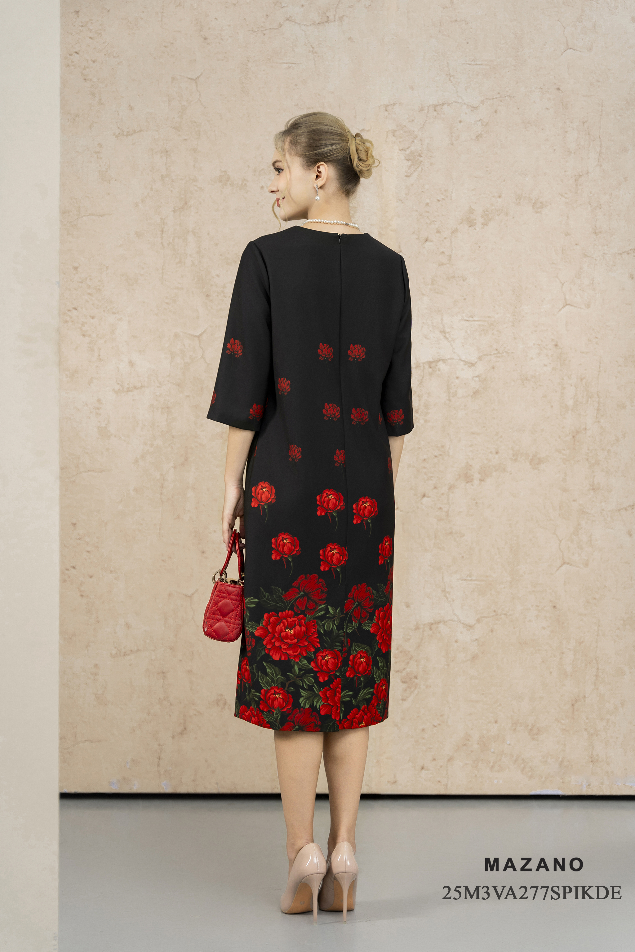 Váy Đầm Suông Vải thô dày Hoạ tiết hoa hồng  Cổ tròn Tay lỡ Dài đến bắp chân_thumbnail_3