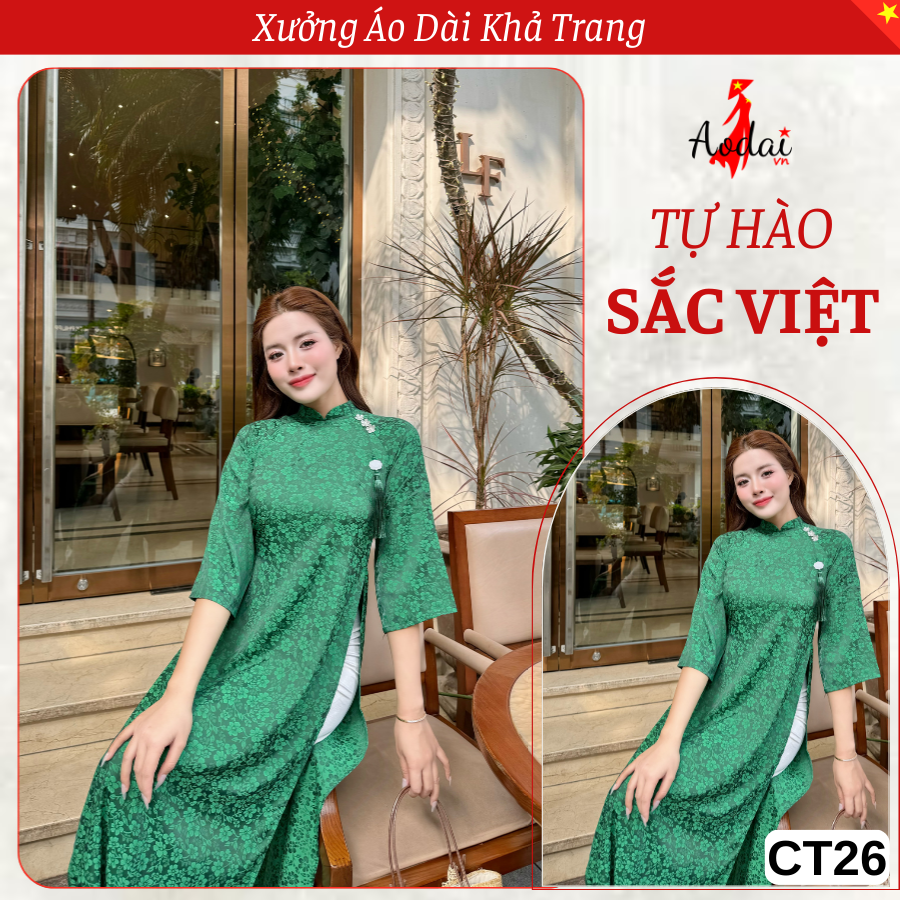 Bộ Áo Dài Cách Tân Gấm Dáng Suông CT26 màu Xanh Bơ Hoa Tuyết Mai