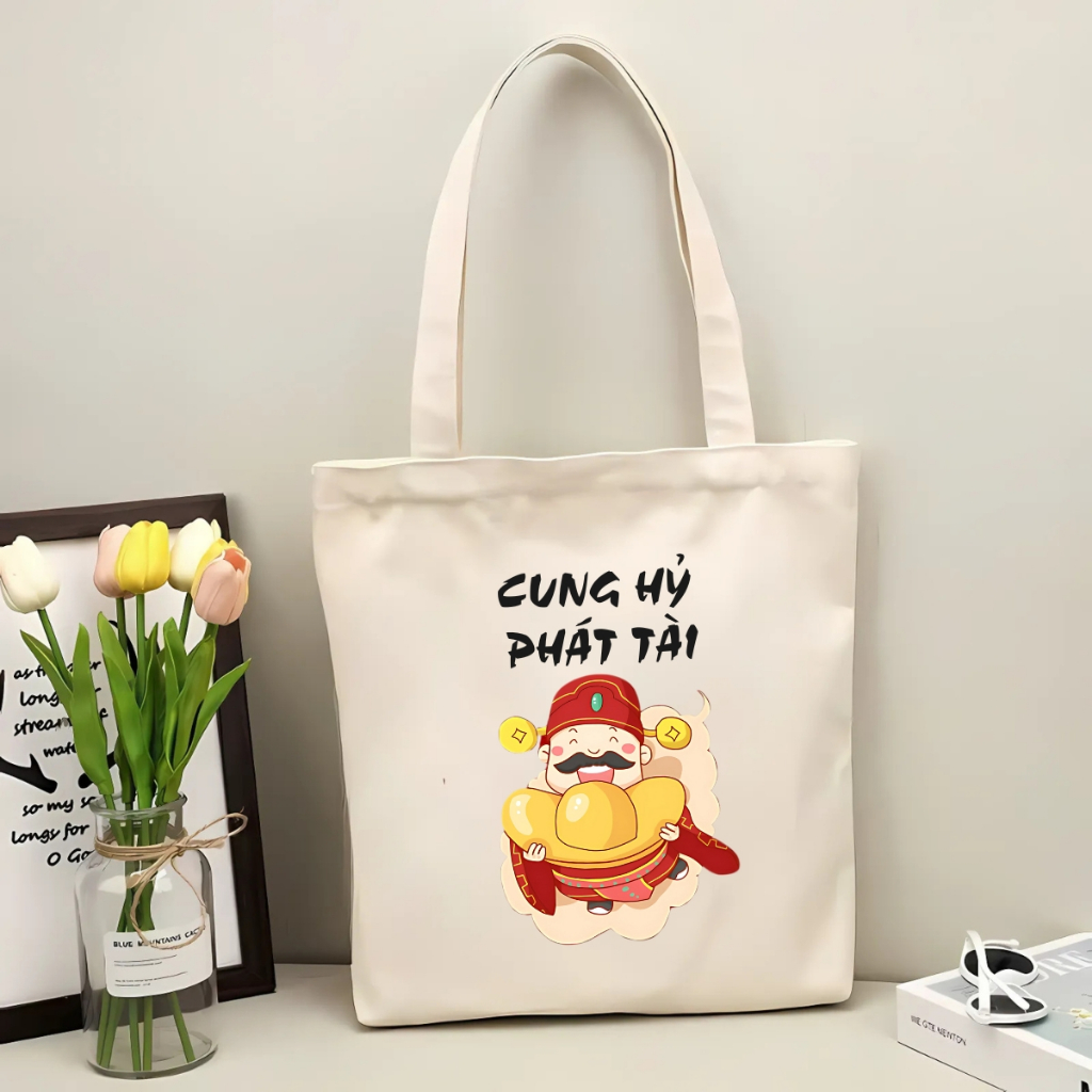 Túi tote vải canvas hình Tết đeo vai, có khoá kéo và ngăn phụ - 𝐖𝐞 𝐓𝐞𝐞 TOTE08_thumbnail_1