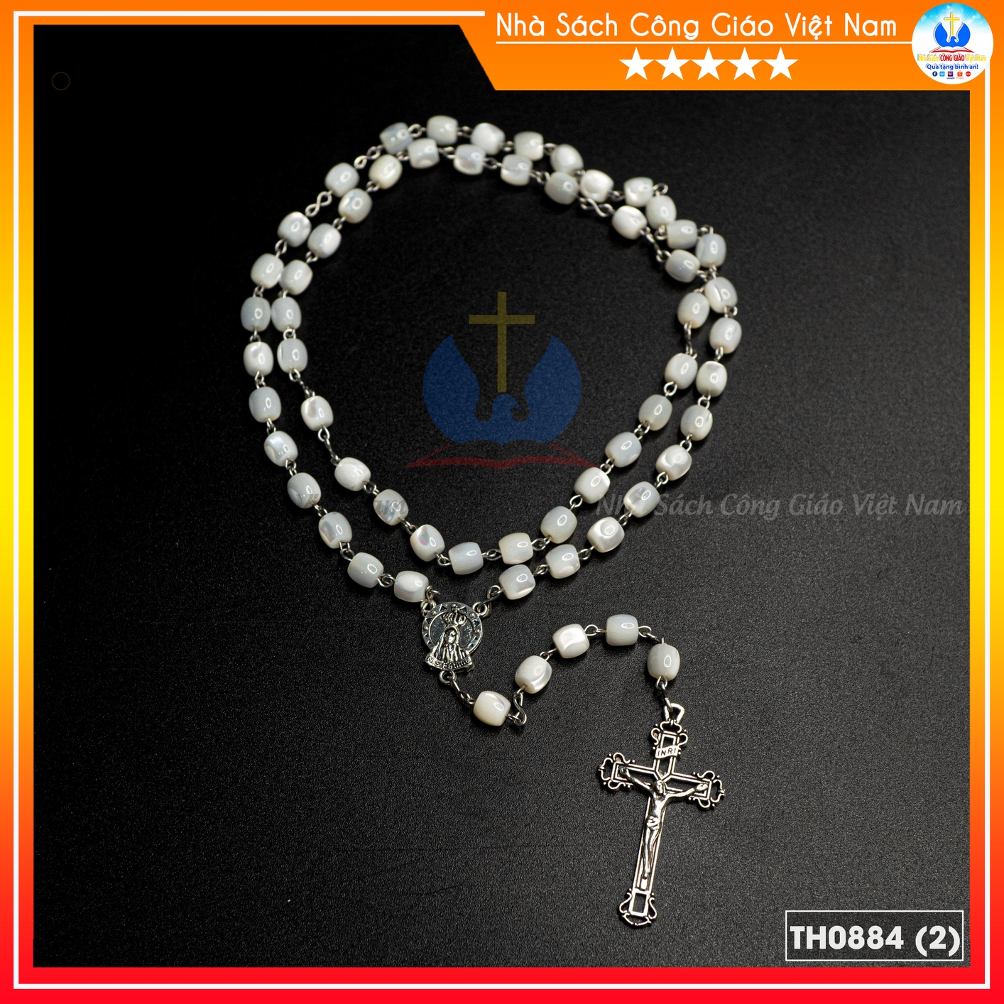 Chuỗi Mân Côi 50 Ốc Nón Trắng cắt khúc 7mm (oval), dây xích inox – TH0884