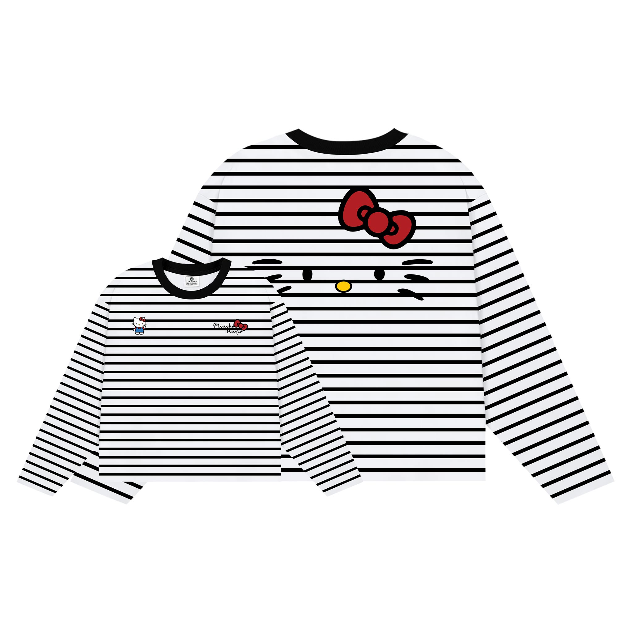 Áo thun boxy tay dài Miucho vải rib thoáng mát mềm mại co giãn tốt cổ tròn kẻ sọc kitty in mix 2691