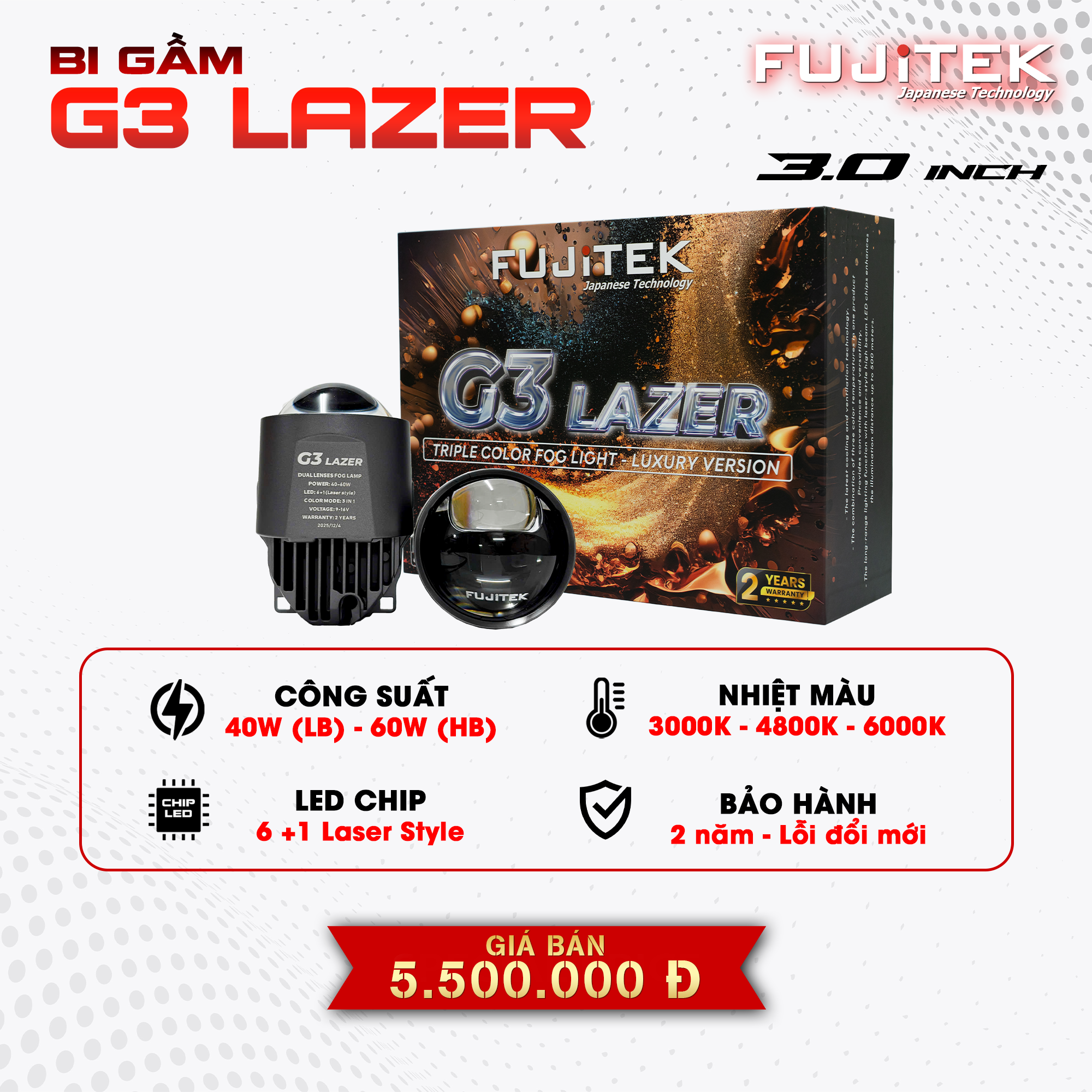 Fujitek G3 Lazer Bi gầm 3 inch 3 màu tích hợp