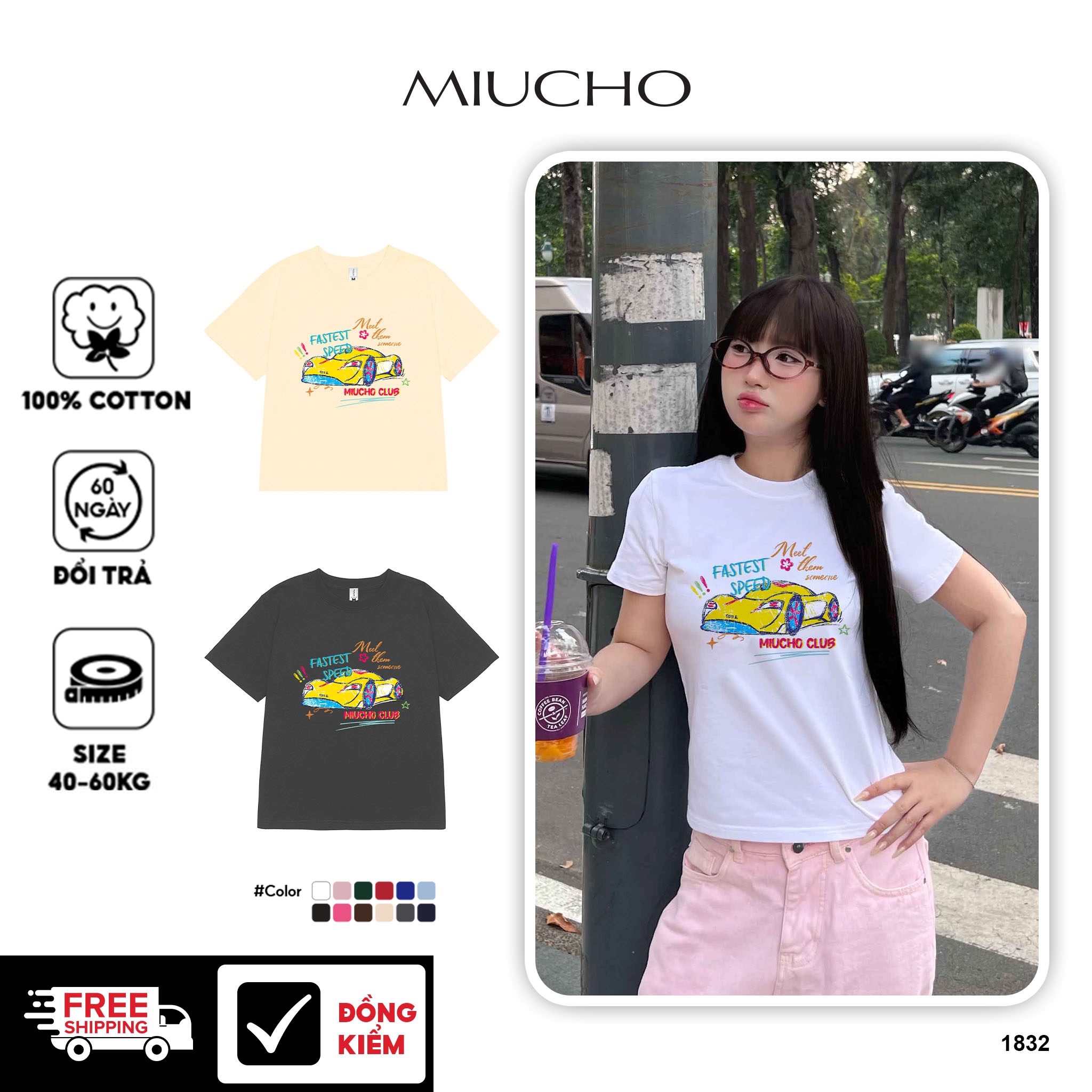 Áo baby tee tết cổ tròn vải cotton 4c co giãn thoáng mát 1832 Miucho in mix