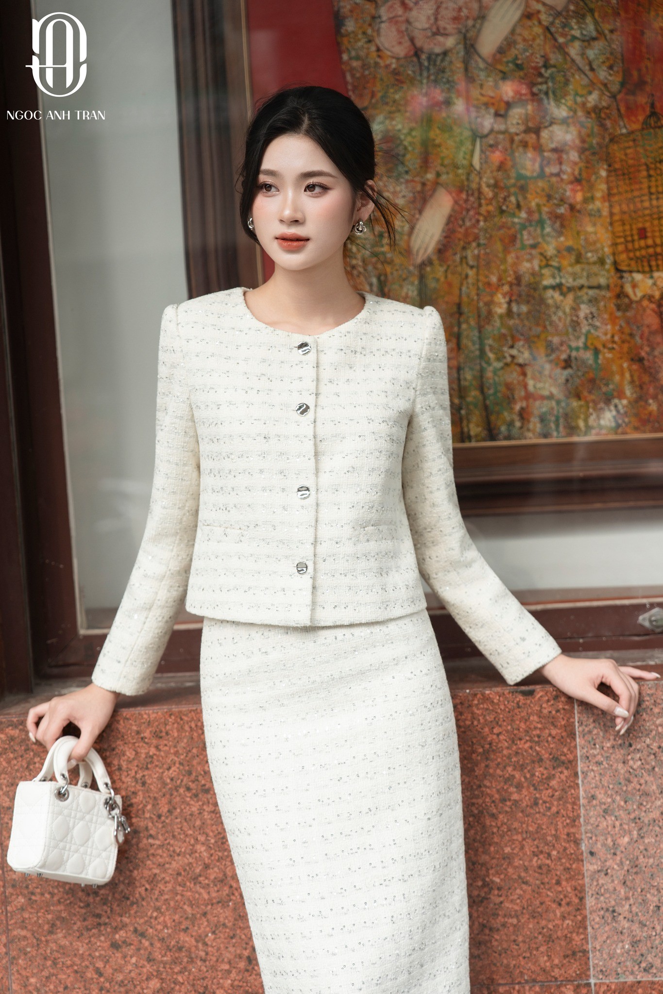 A216 - Set áo dạ trắng cổ tròn phối chân váy