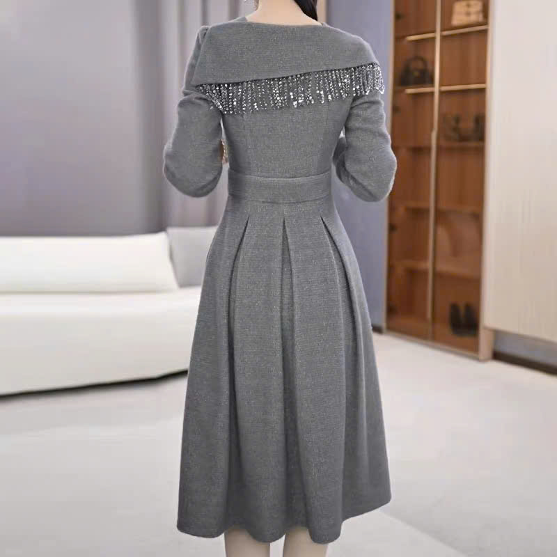 18240-Đầm xòe xám dài tay cổ viền tua rua  kết hoa (thun PC len, có túi)_thumbnail_2