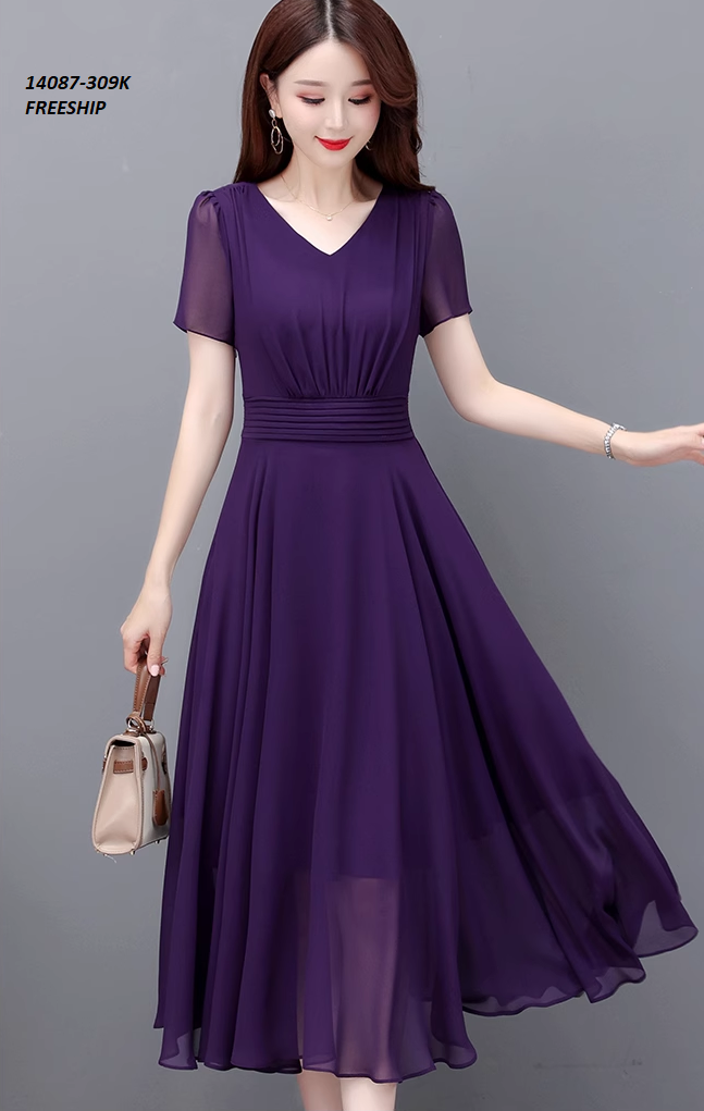 14087-Đầm xòe tay ngắn cổ V eo gấp nhún cách điệu ( voan, lót thun)FREESHIP_thumbnail_2