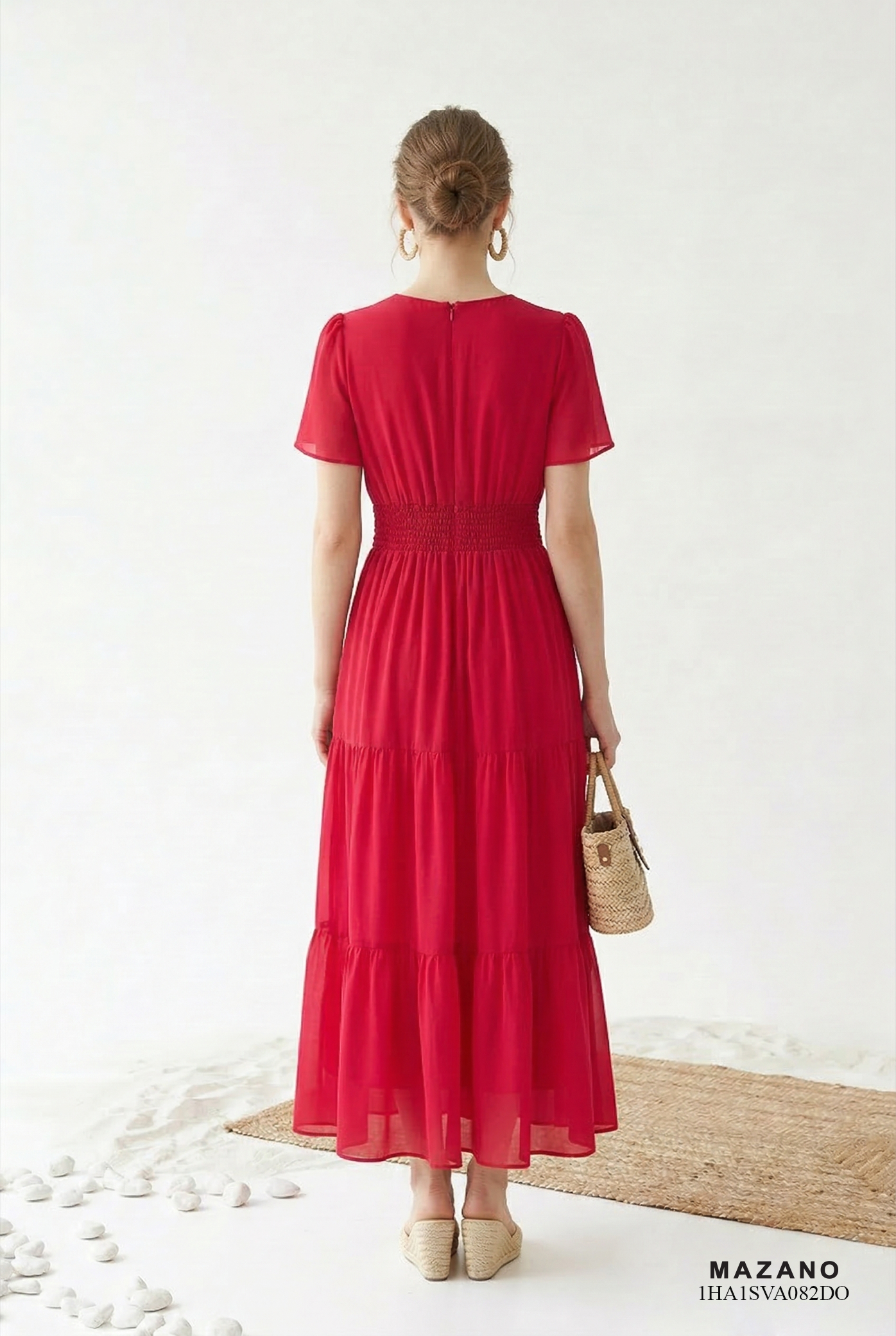 Đầm vải voan chiffon màu đỏ hồng dáng ôm chân rủ tầng cổ V tay ngắn thiết kế MAZANO_thumbnail_5