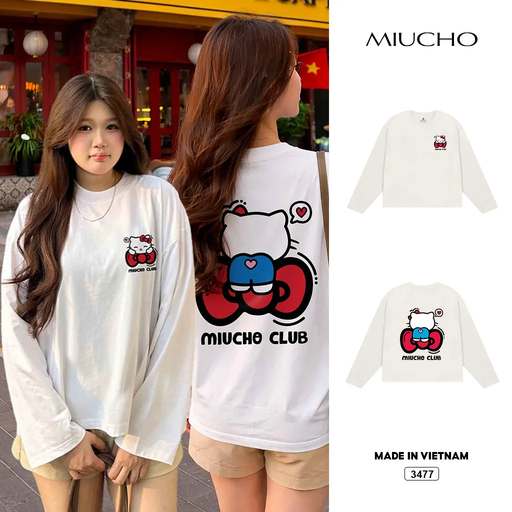 Áo thun nữ boxy tay dài kitty cute Miucho 3477
