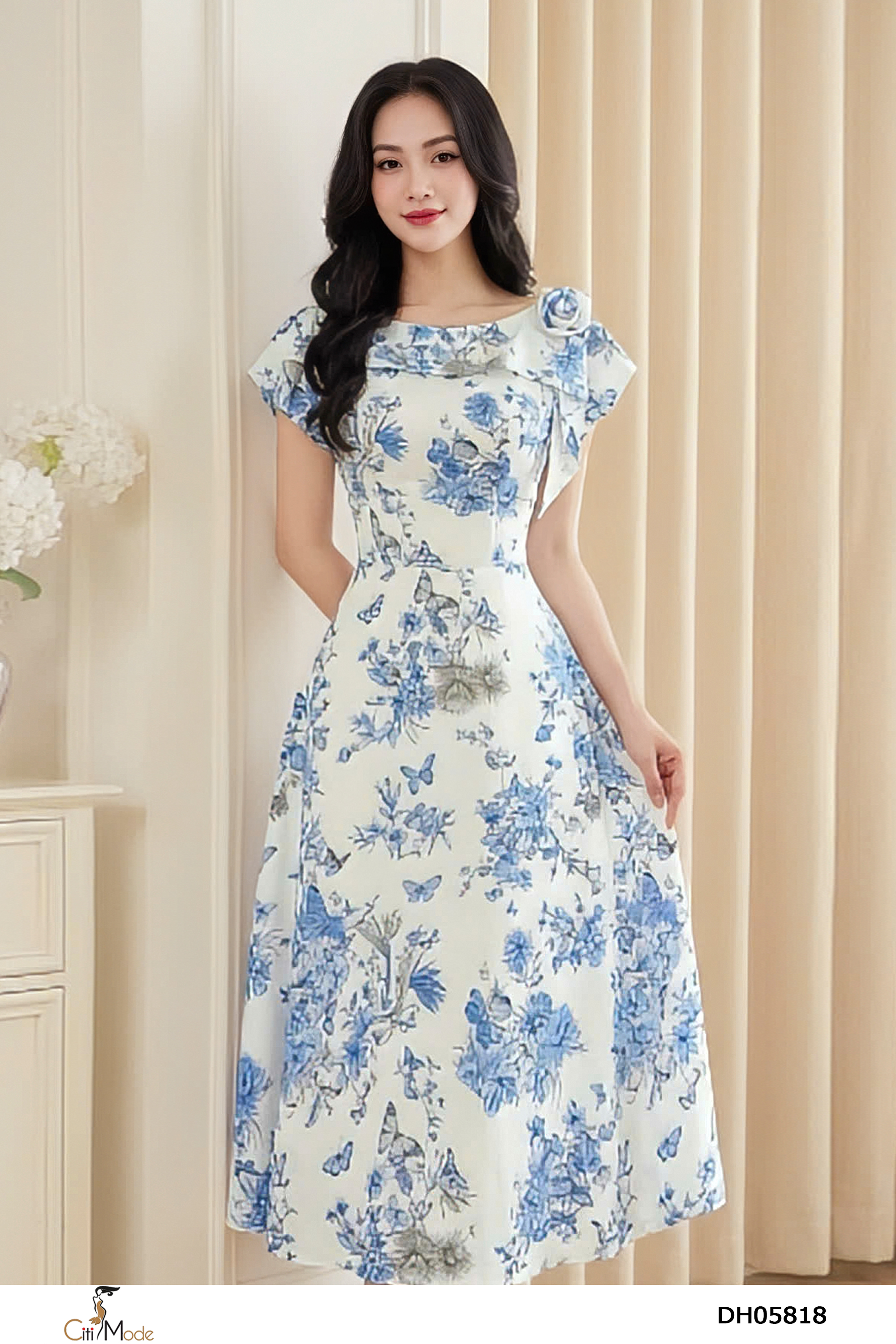 Đầm xòe hoa xanh cổ vạt cách điệu đính hoa_thumbnail_2