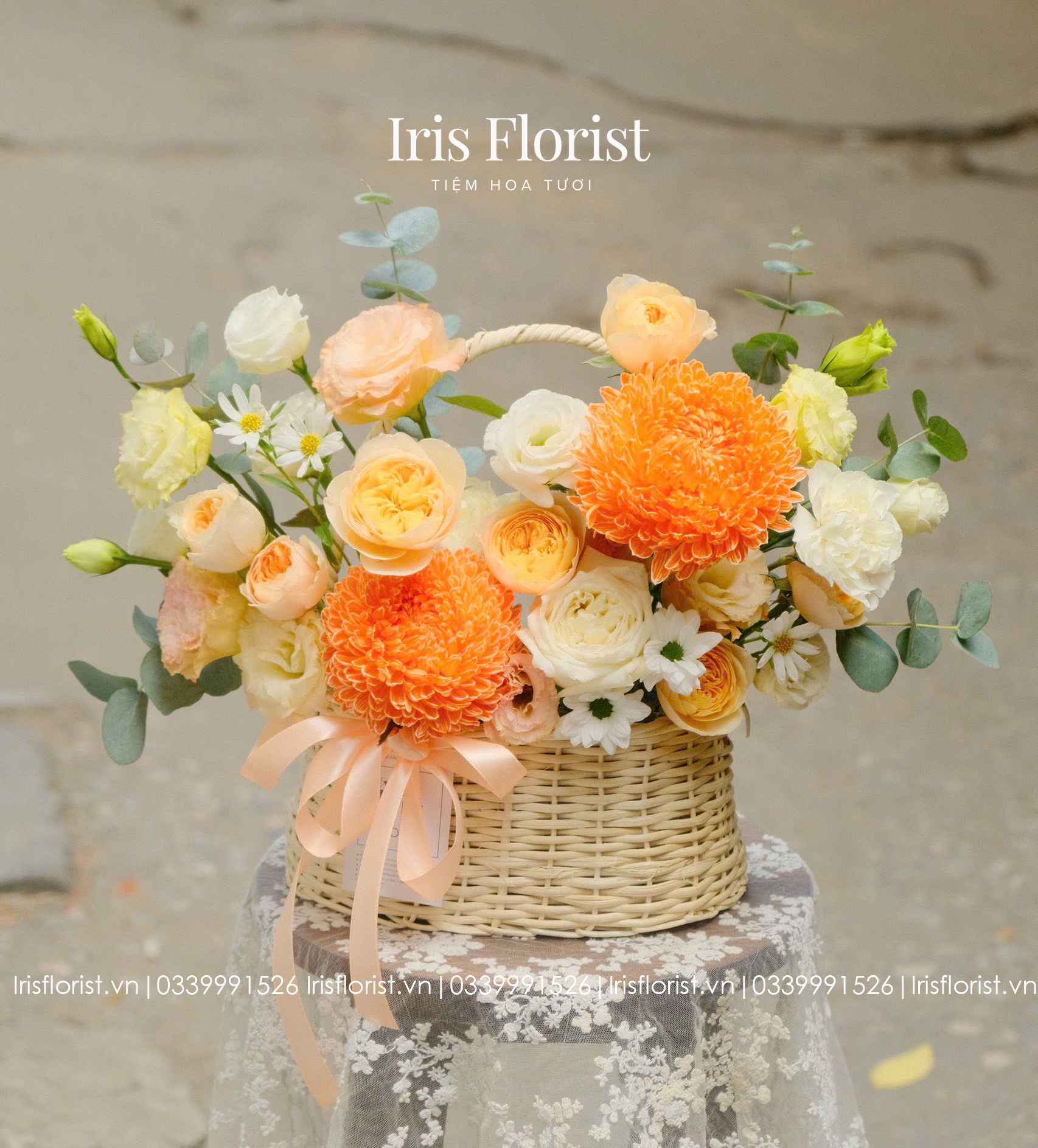 Giỏ hoa mây Cúc mẫu đơn mix tone Cam - size M