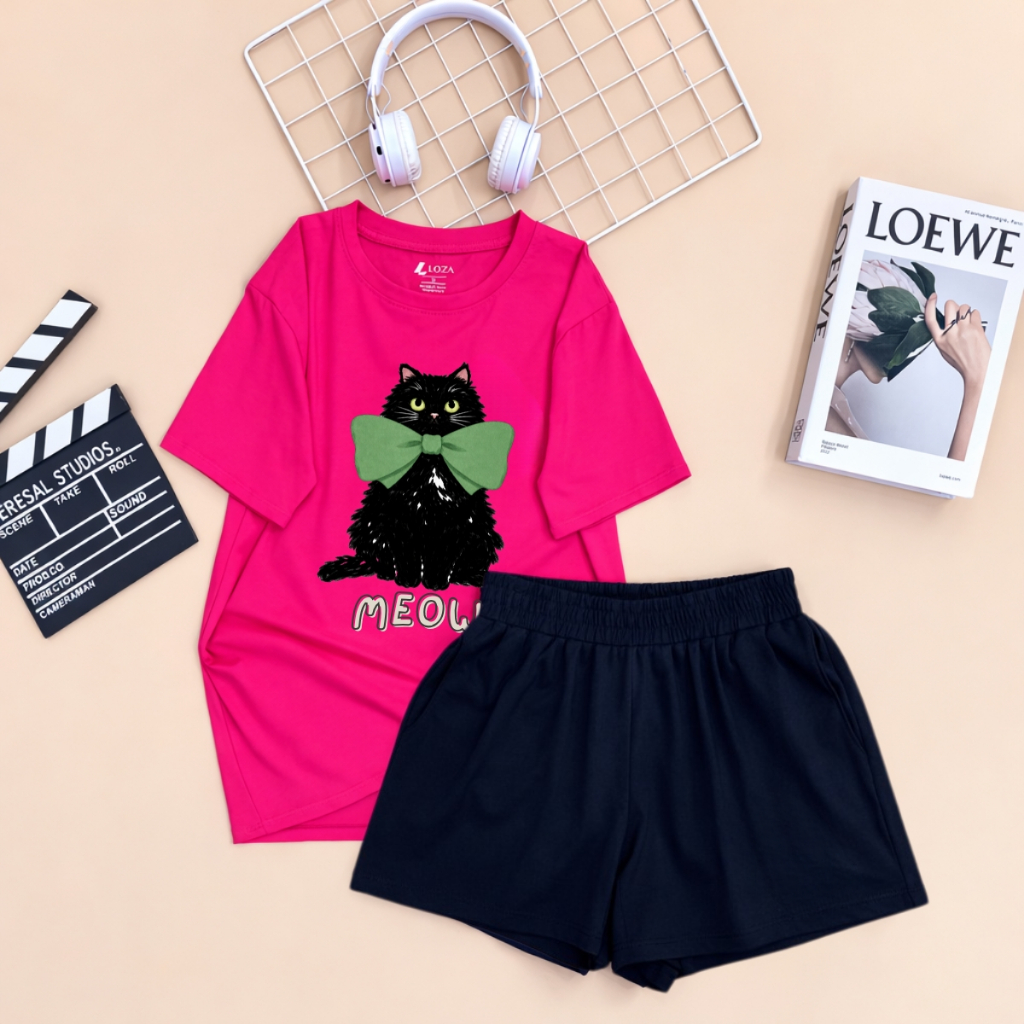 Bộ đồ nữ Loza dáng rộng in hình Mèo chất liệu thun cotton TB35-BP633 BP633