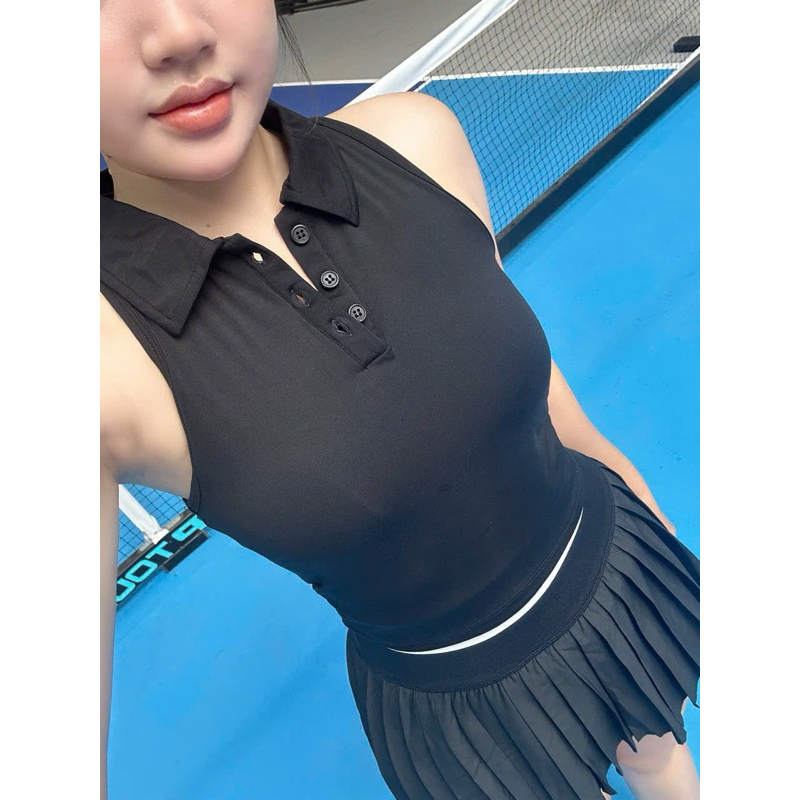 Áo Croptop Thể Thao Tay Ngắn Cổ Bẻ Dáng Ôm Body