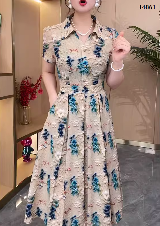 14861-Đầm xòe vạt xếp gấp in hoa xanh 3D cách điệu ( voan lụa)_thumbnail_0