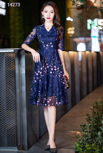 14273-Đầm ren xòe tay lở in hoa cổ tim cách điệu (ren lưới, lót)_thumbnail_0