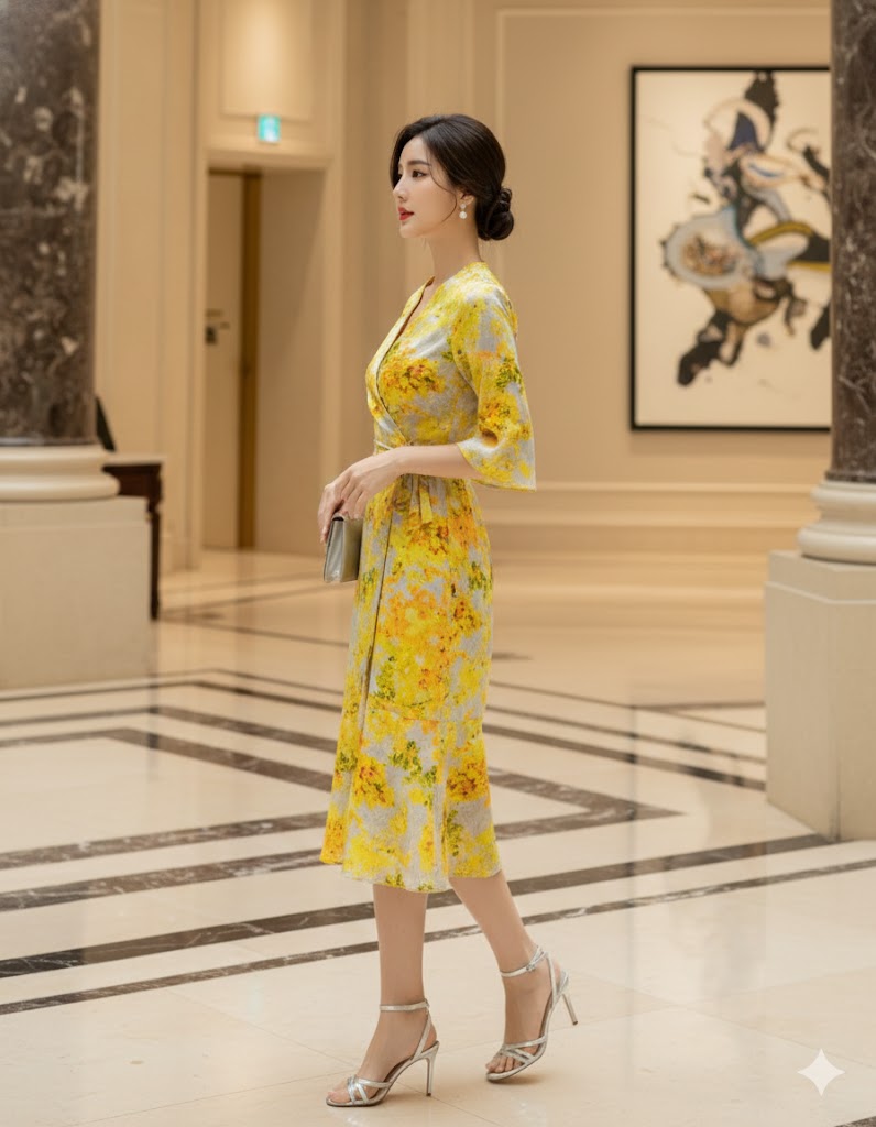 Đầm họa tiết cổ V đuôi cá kiểu đắp chéo cột eo_thumbnail_3