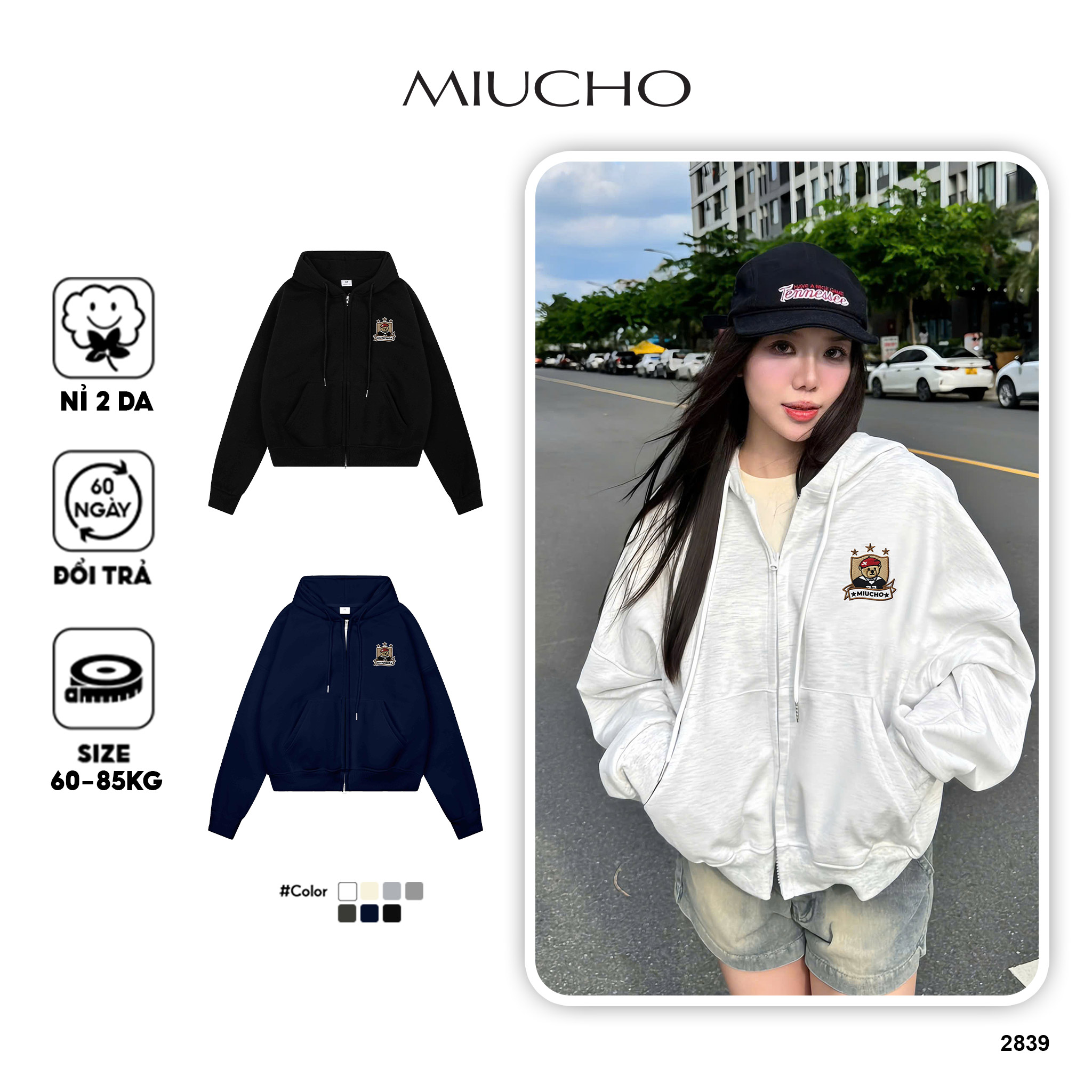 Áo hoodie zip form boxy Miucho vải nỉ 2 da mềm mại thoáng mát có nón khóa kéo in mix 2839