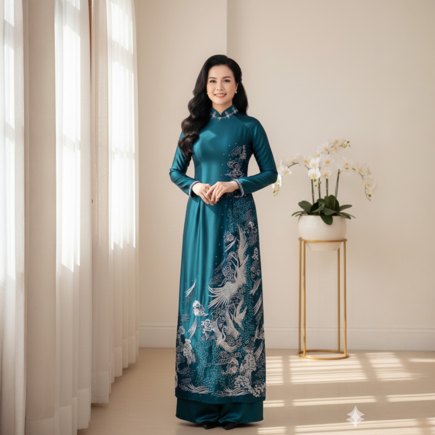 Áo Dài Mẹ Thêu Kết Phượng Vũ - Cao quý, sang trọng, quyền uy - Vải Ruby Xanh Rêu AM25-03_thumbnail_2