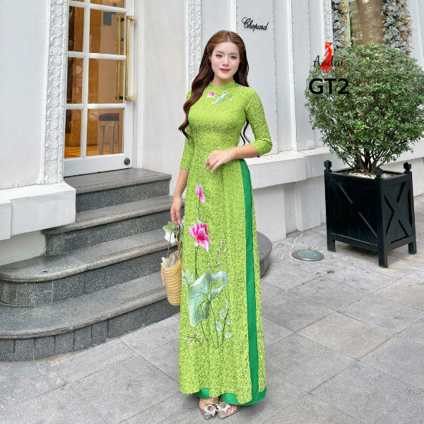 Áo Dài Gấm GT2 màu xanh cốm thêu lắc tay hoa sen, cổ cao 2cm tay lỡ