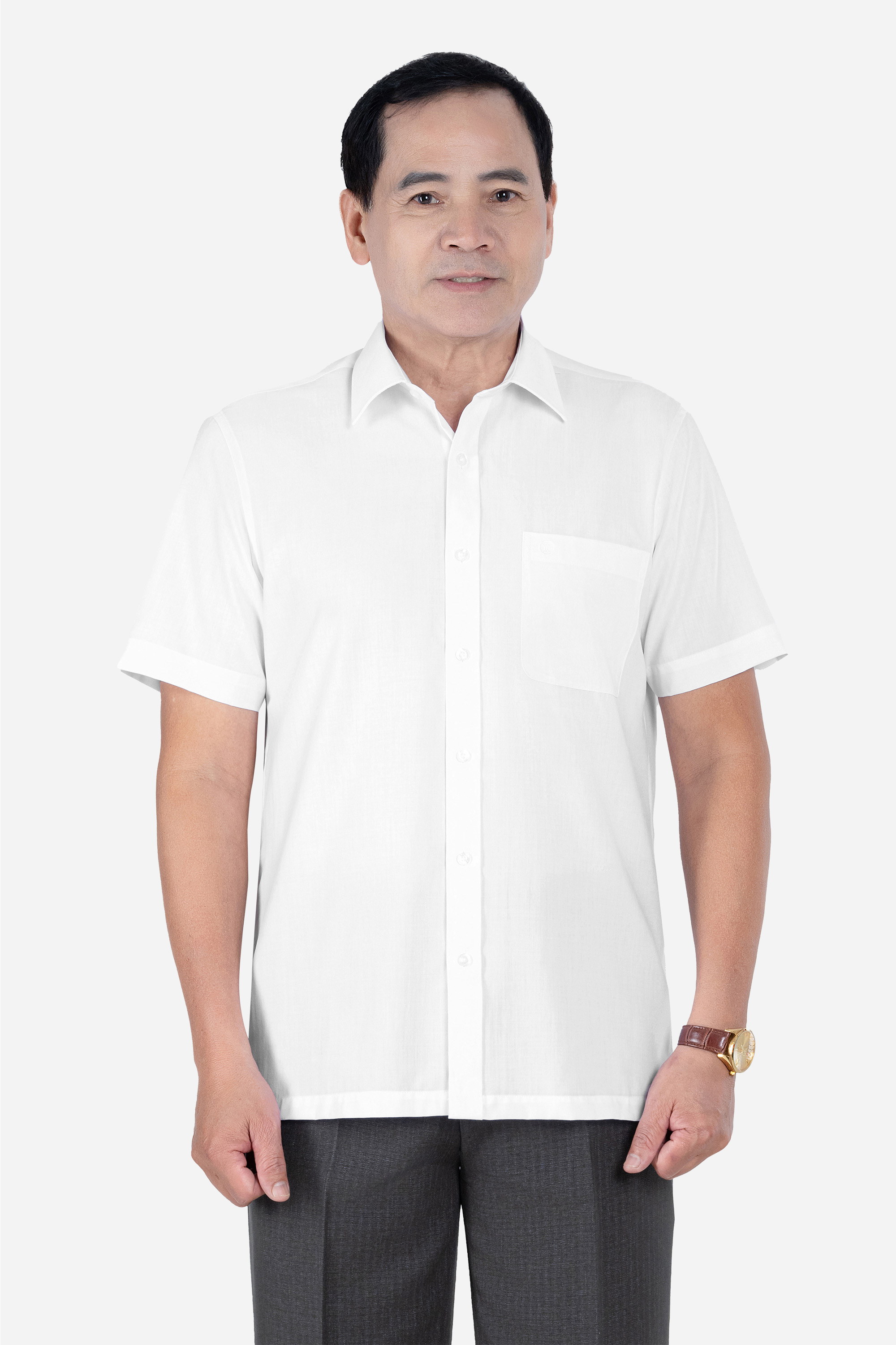 Sơ Mi Trơn Cộc Tay Nam Trung Niên Chất Liệu Cotton Nhập Khẩu Màu Trắng