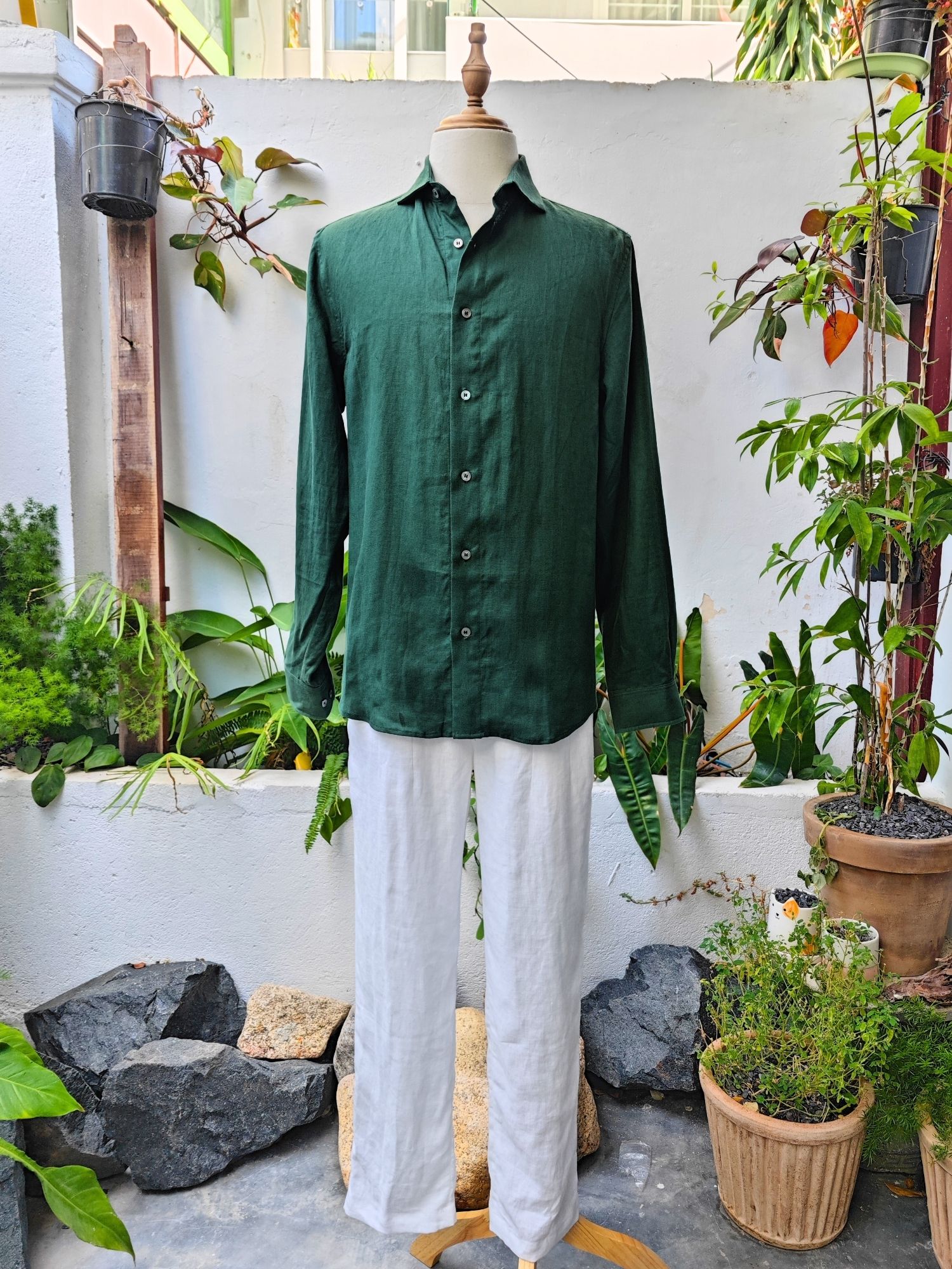 Sơ mi 100% linen tay dài cổ kiểu Ý