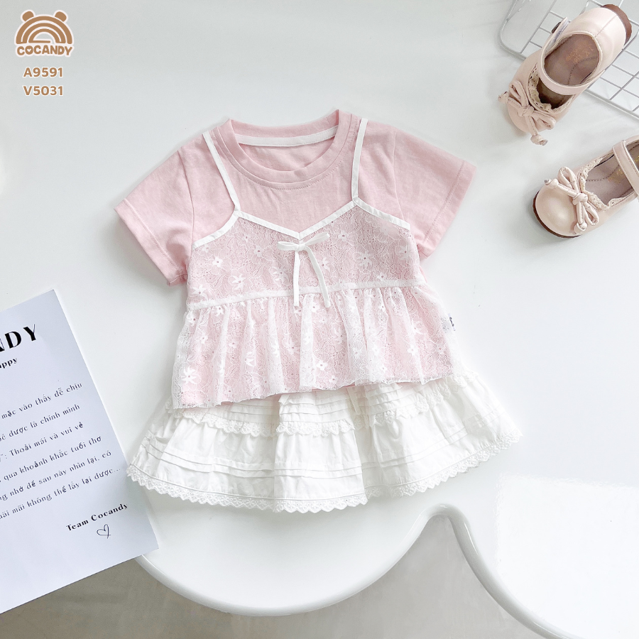 Áo cộc HỒNG giả yếm ren trắng