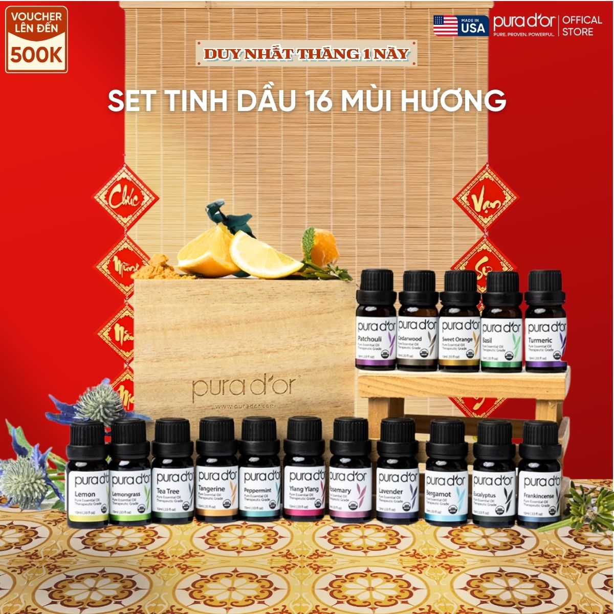 Bộ 16 Tinh Dầu Hữu Cơ PURA D’OR Sweet 16 Essential Oil Set - USDA Organic (10mlx16)