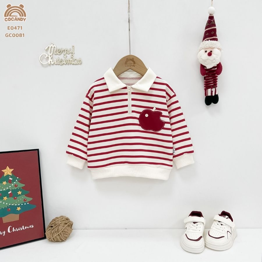 Áo dài ĐỎ kẻ BE cổ bẻ phối hình táo đỏ_thumbnail_1