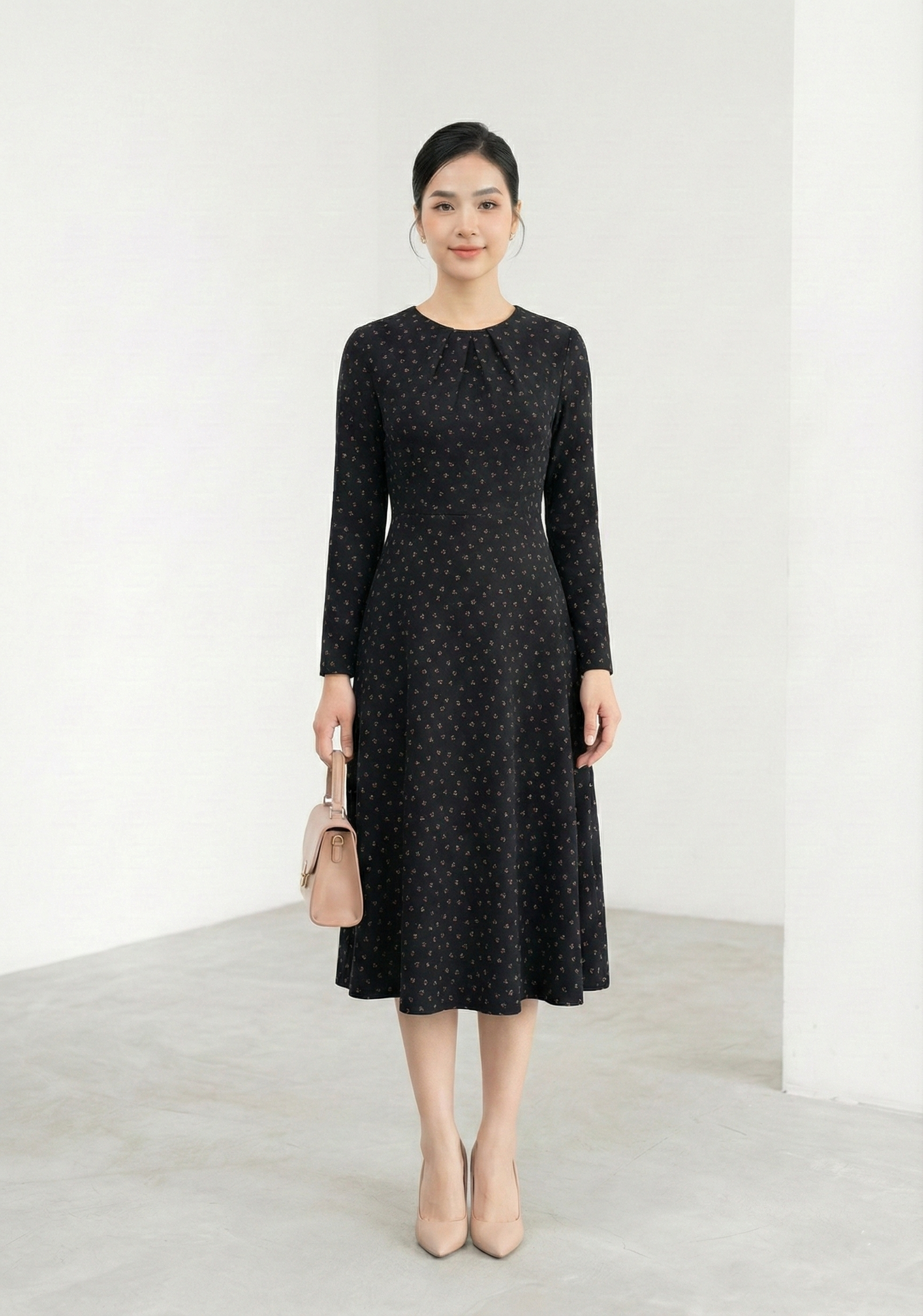 Váy Đầm Ôm Vải dạ len Họa tiết hoa nhí Cổ tròn xếp ly Tay dài Dài qua bắp chân_thumbnail_3