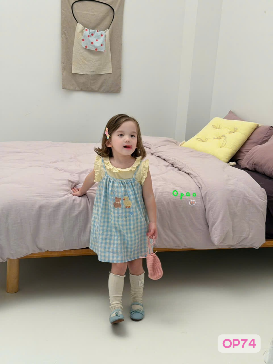 OP74 - Set váy kẻ caro xanh phối áo vàng bèo 2 chi tiết hãng Opao