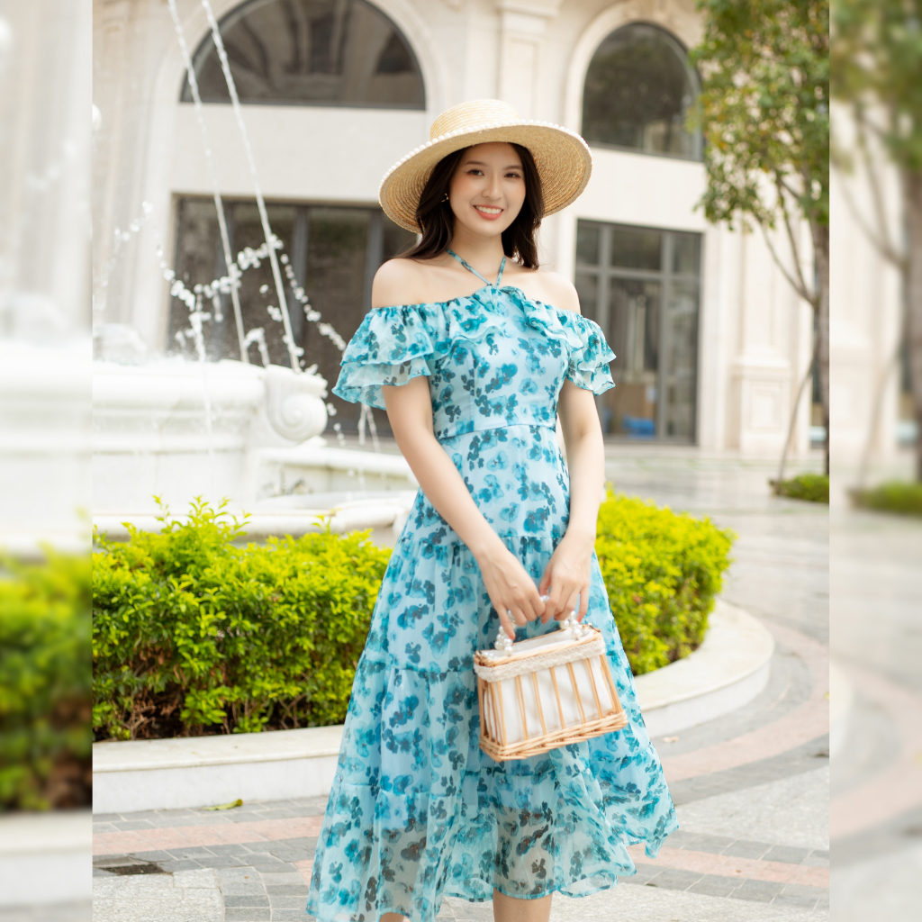 Đầm maxi hoa trễ vai bèo cột nơ xinh xắn 2in1_thumbnail_7