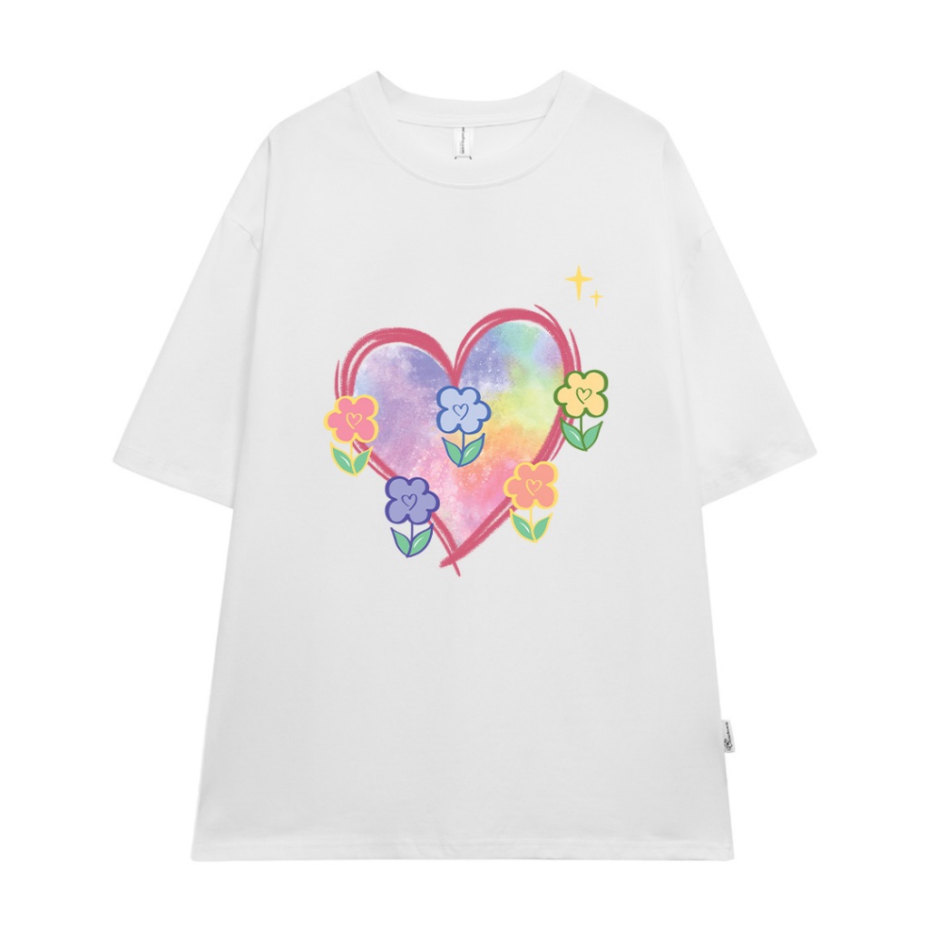 Áo thun cặp đôi hình trái tim form rộng tay lỡ màu xinh ATD1208 Miucho vải cotton thoáng mát cổ tròn in mix_thumbnail_17