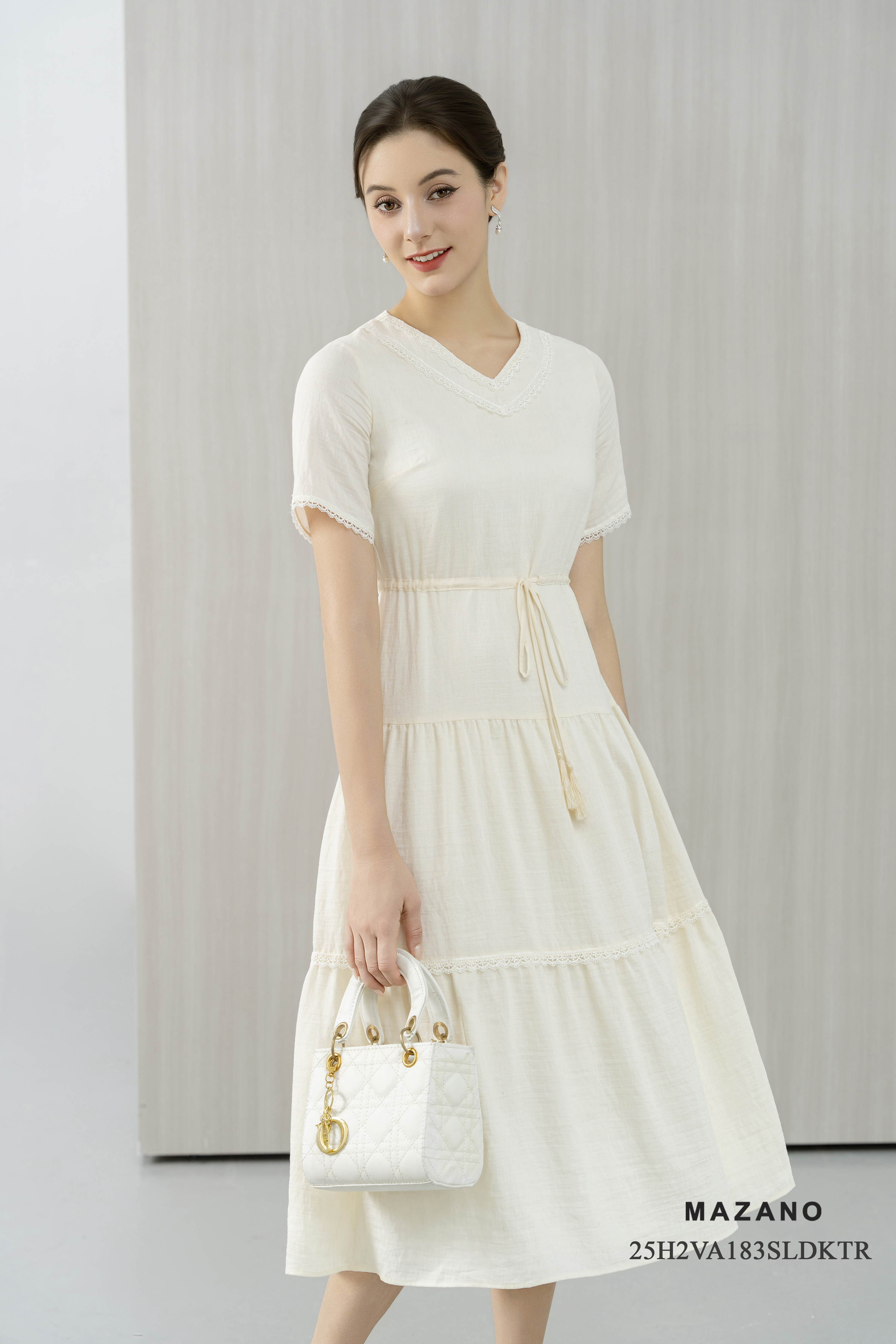 Váy maxi Vải linen lụa Trang trí phối ren Cổ V tay ngắn Dài đến mắt cá chân_thumbnail_2