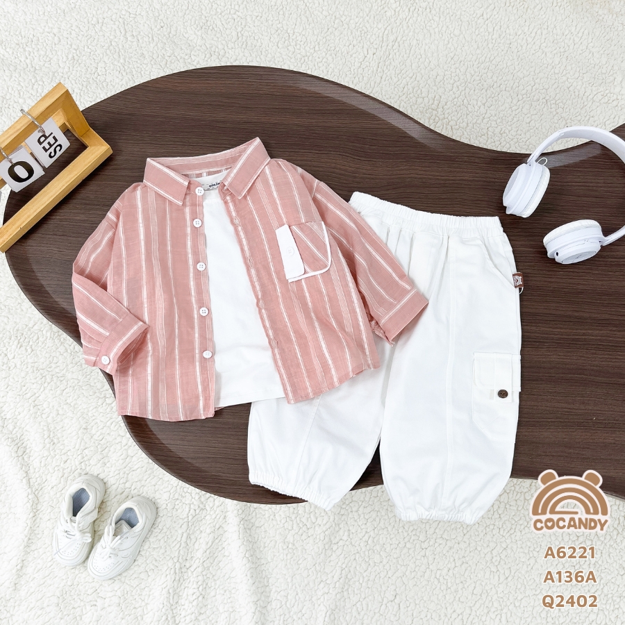 Áo dài sọc HỒNG TRẮNG túi ngực TRẮNG cúc_thumbnail_0