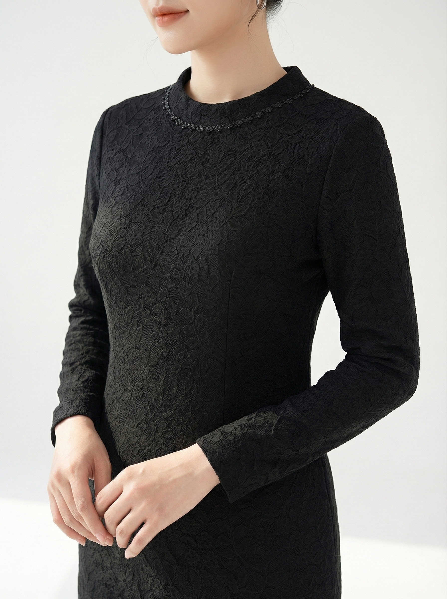 Váy Đầm Suông Vải dạ len Hoạ tiết hoa văn ren chìm Cổ tròn 3p Tay dài Dài qua gối_thumbnail_6