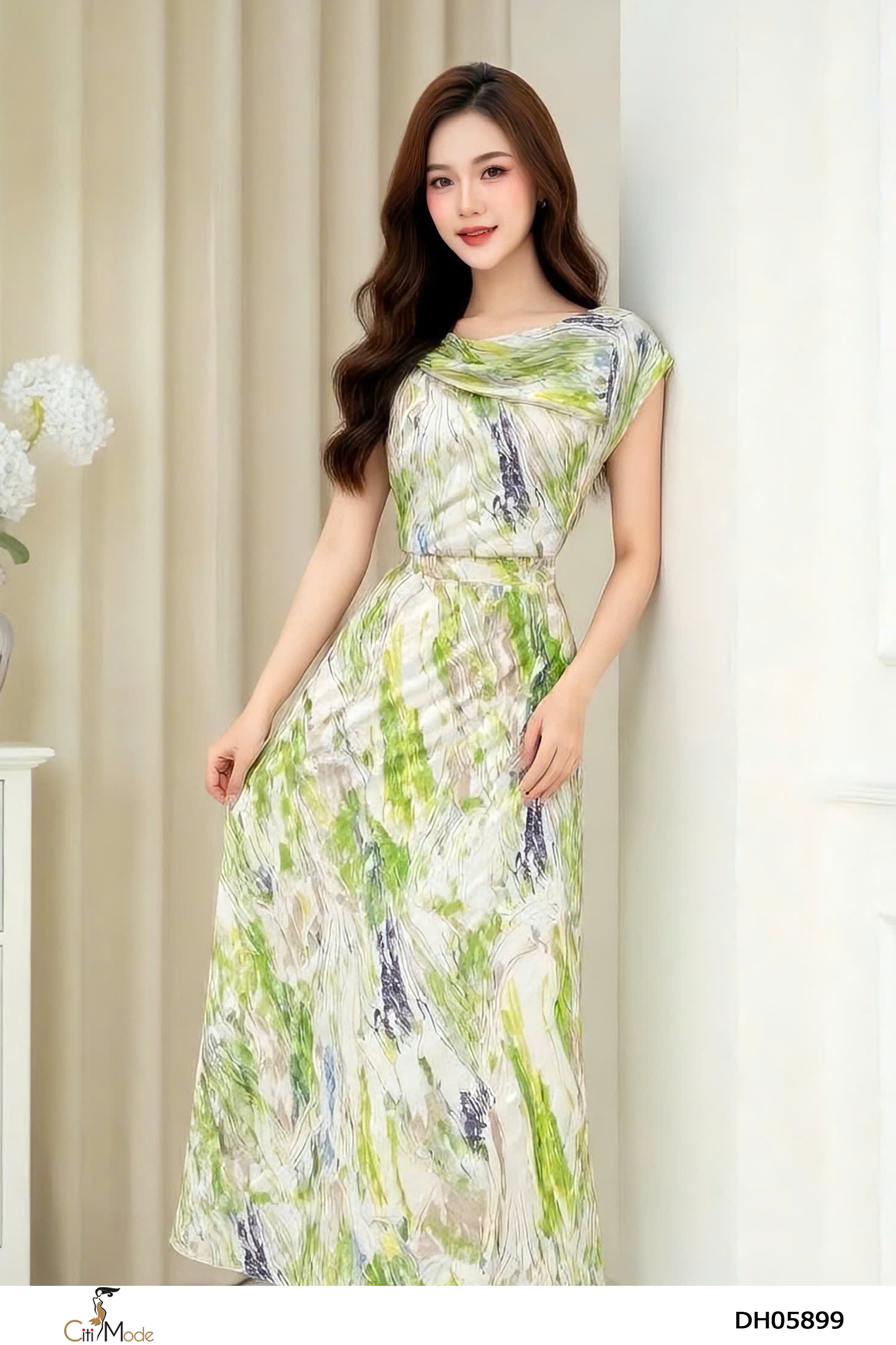 Đầm xòe hoa xanh tay liền. nhún eo + cách điệu cổ_thumbnail_1