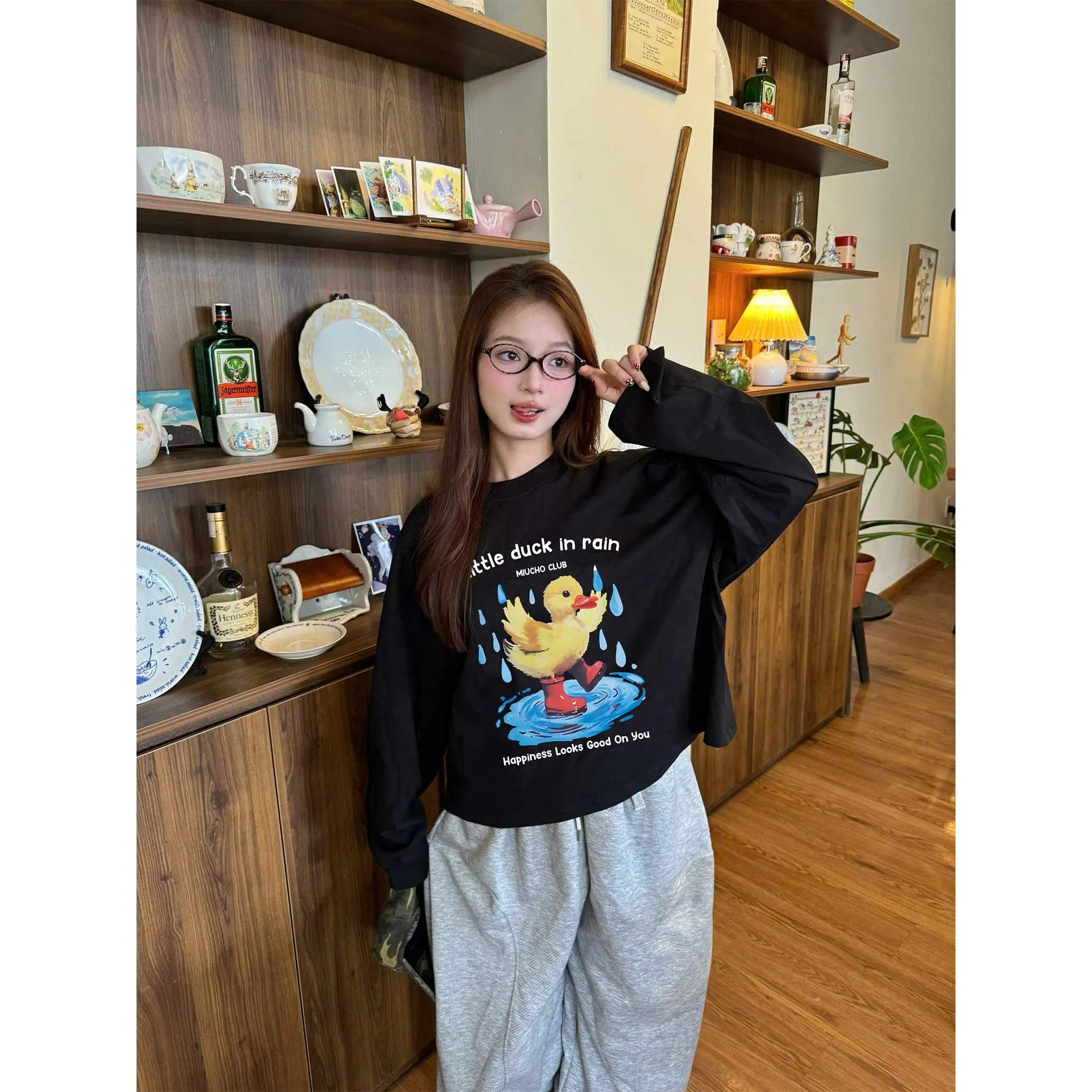 Áo thun boxy tay dài Miucho cotton co giãn 2 chiều thoáng mát cổ tròn hình Duck in mix 2655_thumbnail_6