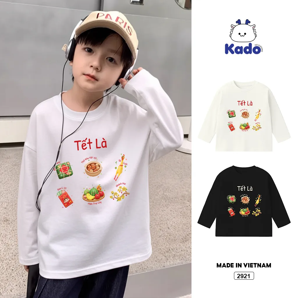 Áo thun kid tay dài form rộng Kado vải cotton thoáng mát mềm mại Tết đến bé vui in mix 2921
