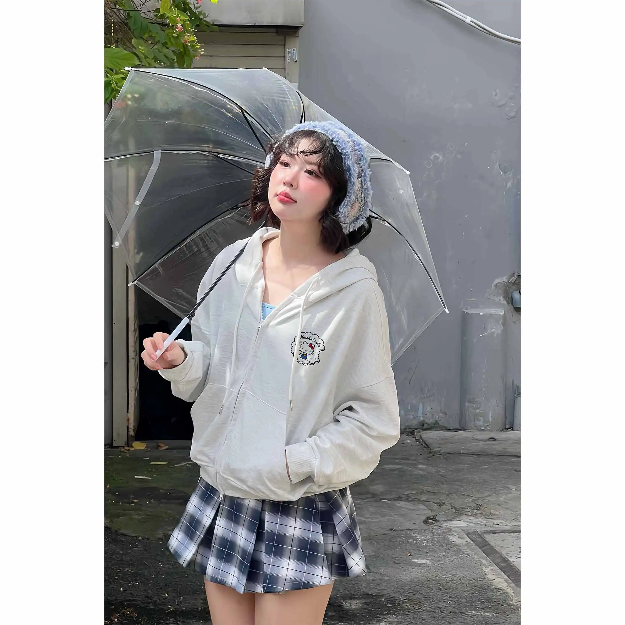 Áo hoodie zip form boxy Miucho nỉ 2 da cao cấp thoáng mát có nón Kitty in mix dễ thương 2844_thumbnail_9