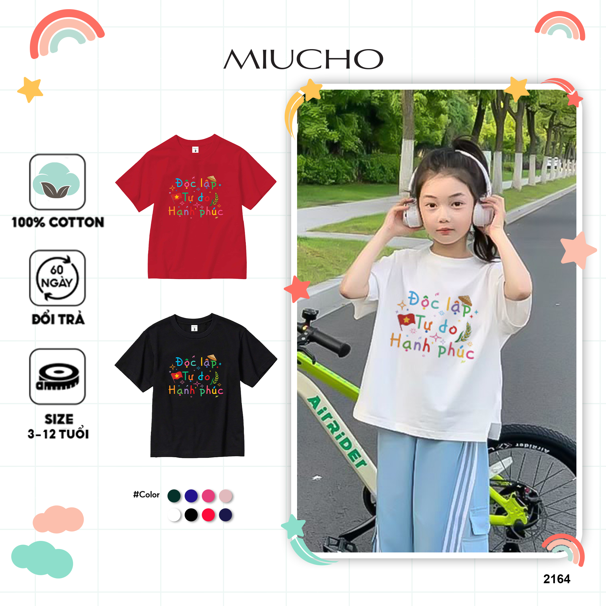 Áo thun Việt Nam tôi yêu cho bé gái form rộng 2164 Miucho Kid vải cotton thoáng mát co giãn in mix