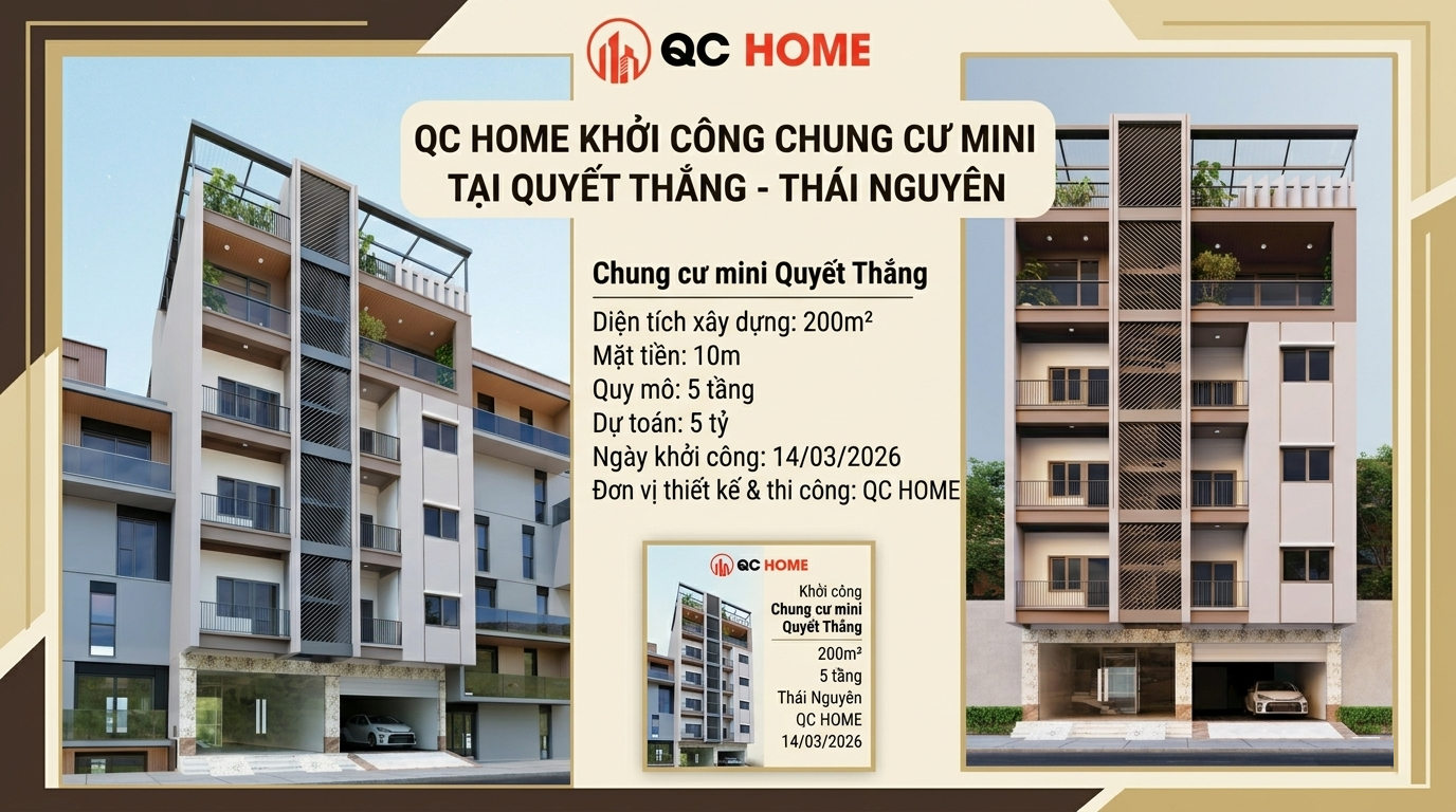 QC Home khởi công trung cư mini 5 tầng 200m2 tại Quyết Thắng – xây nhà trọn gói tại Thái Nguyên
