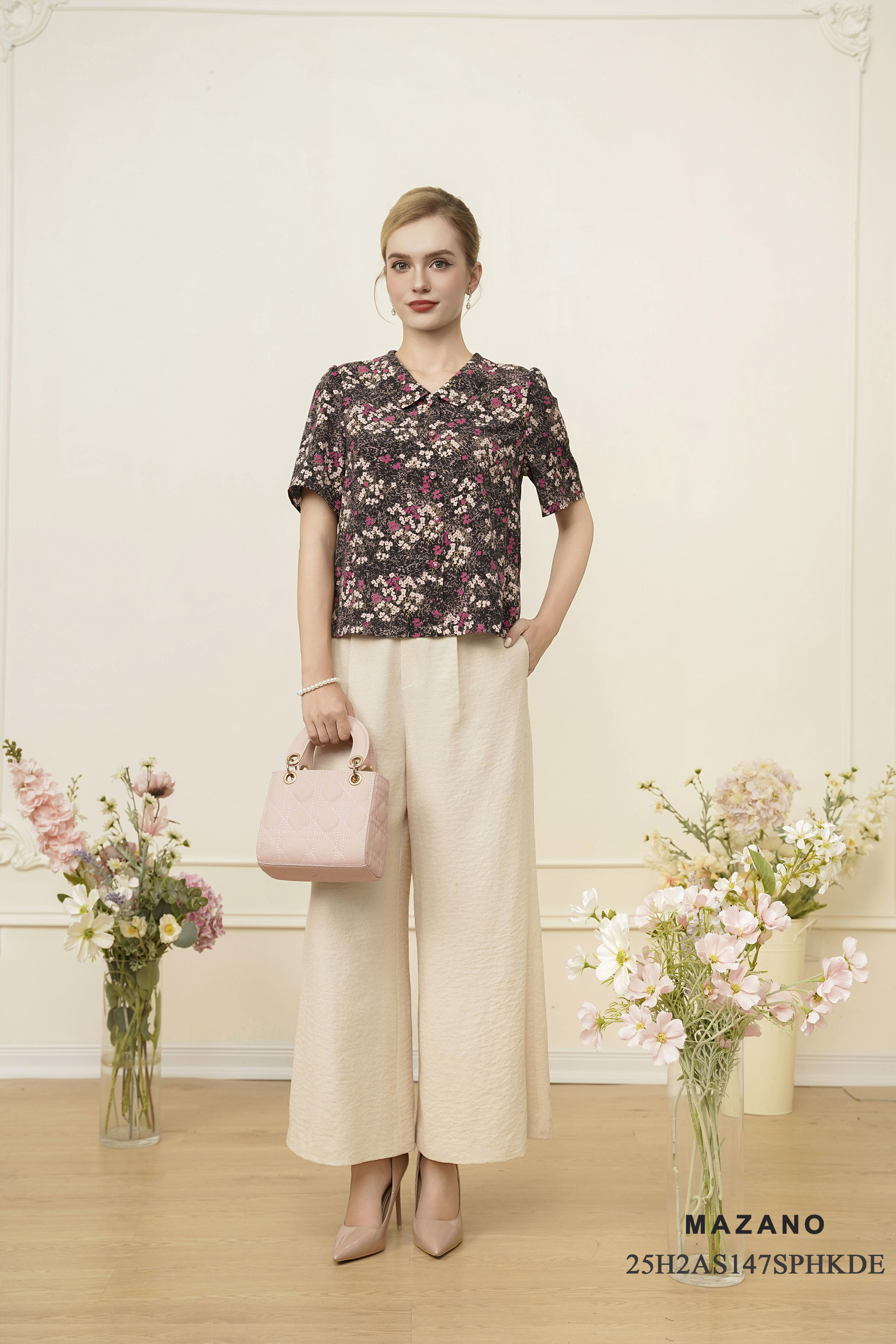 Áo sơ mi suông cài khuy Vải thô mỏng Họa tiết cách điệu Cổ bẻ Tay ngắn Dài áo qua eo_thumbnail_2