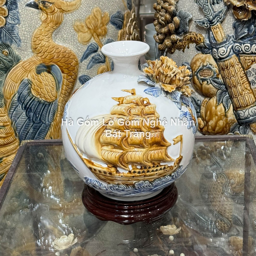 Bình Tài Lộc - Lọ Hoa Hút Lộc Gốm Bát Tràng Bền Đẹp Cao Cấp TẶNG ĐẾ GỖ Họa tiết Thuận Buồm Xuôi Gió_thumbnail_8