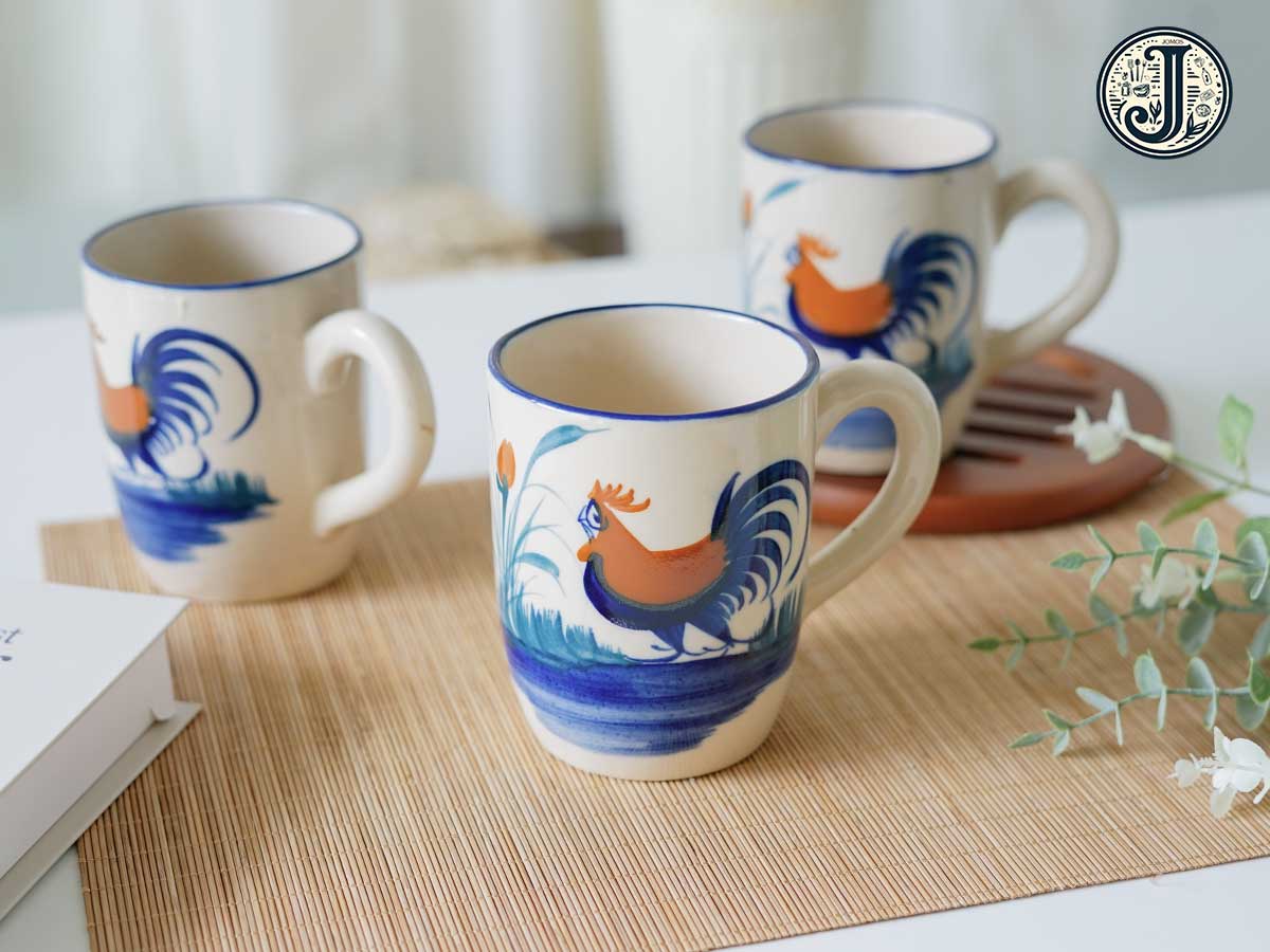 Ly gốm đựng nước 400ml thủ công gà có quai đáy bầu J000280