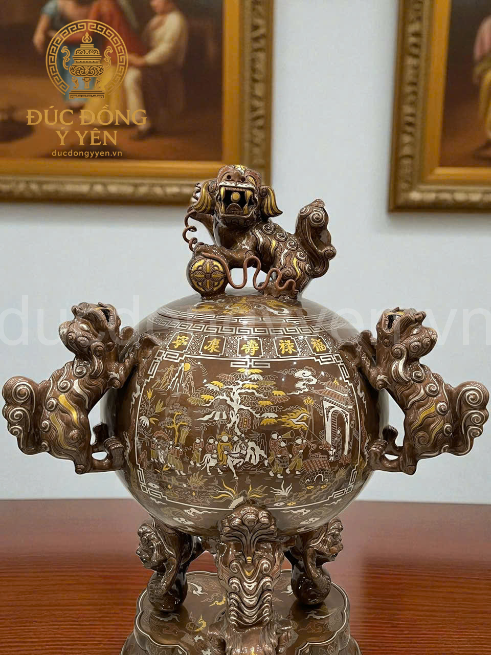 Đỉnh thất lân vờn cầu đúc đồng đỏ khảm ngũ sắc kỹ cao 1m2 _thumbnail_1