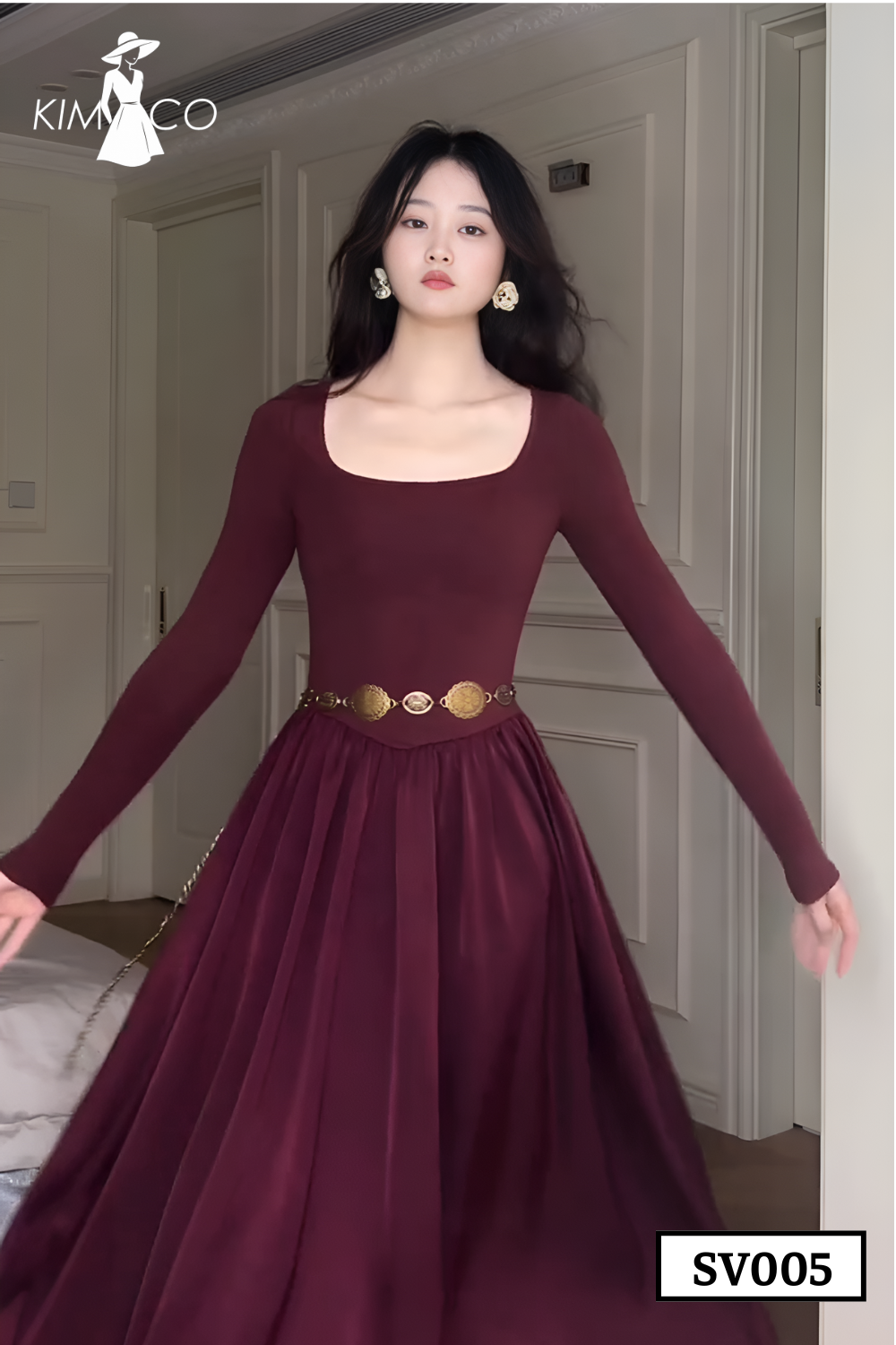 Burgundy Belted Dress - SV005_thumbnail_1